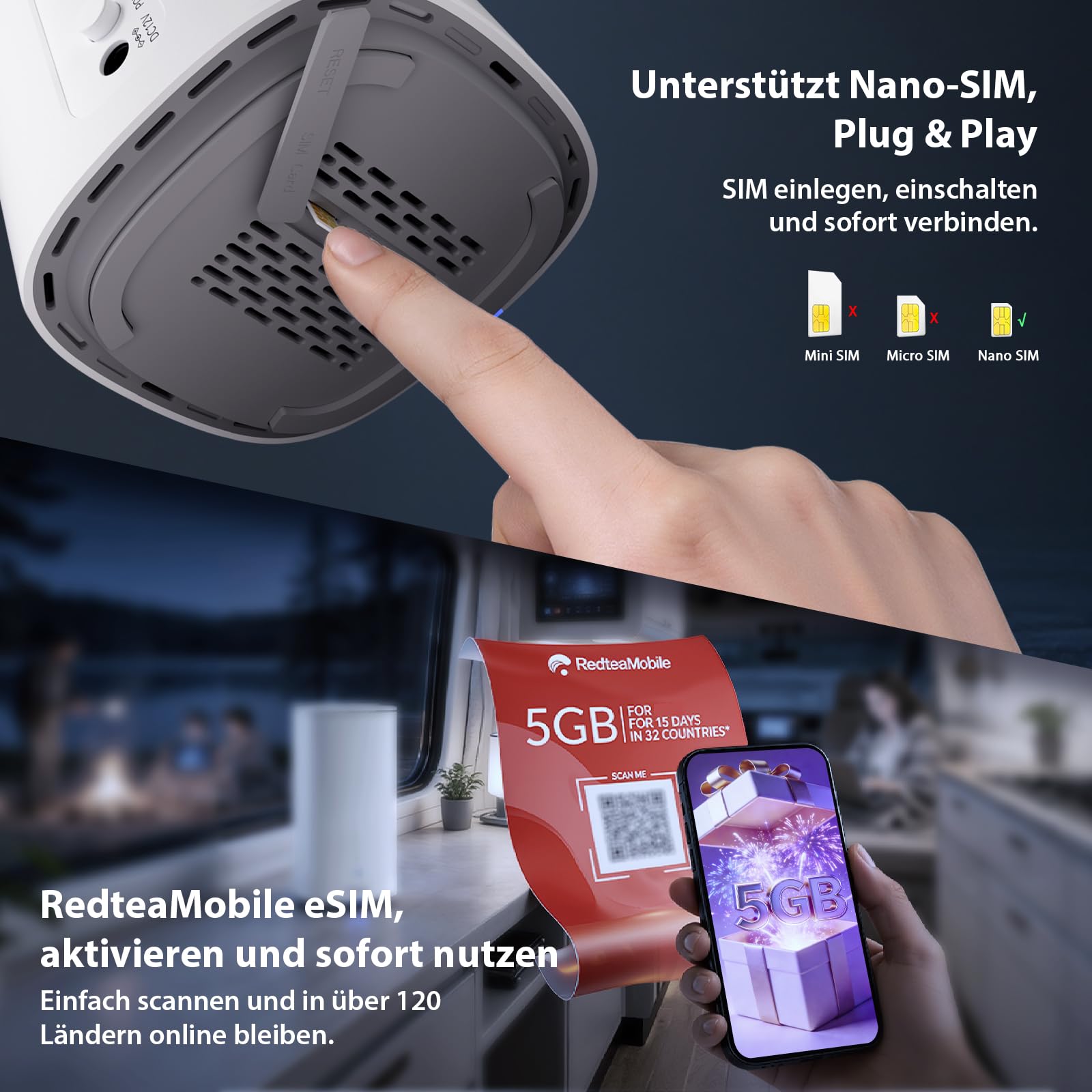 STRONG 5G Router mit SIM-Karte, WiFi 7 BE3600 Dual Band, 5G LTE Router bis zu 3.2 Gbit/s, Gigabit LAN/WAN, 8K Streaming, NFC One-Tap, WAN Backup, Router für Zuhause & Büro