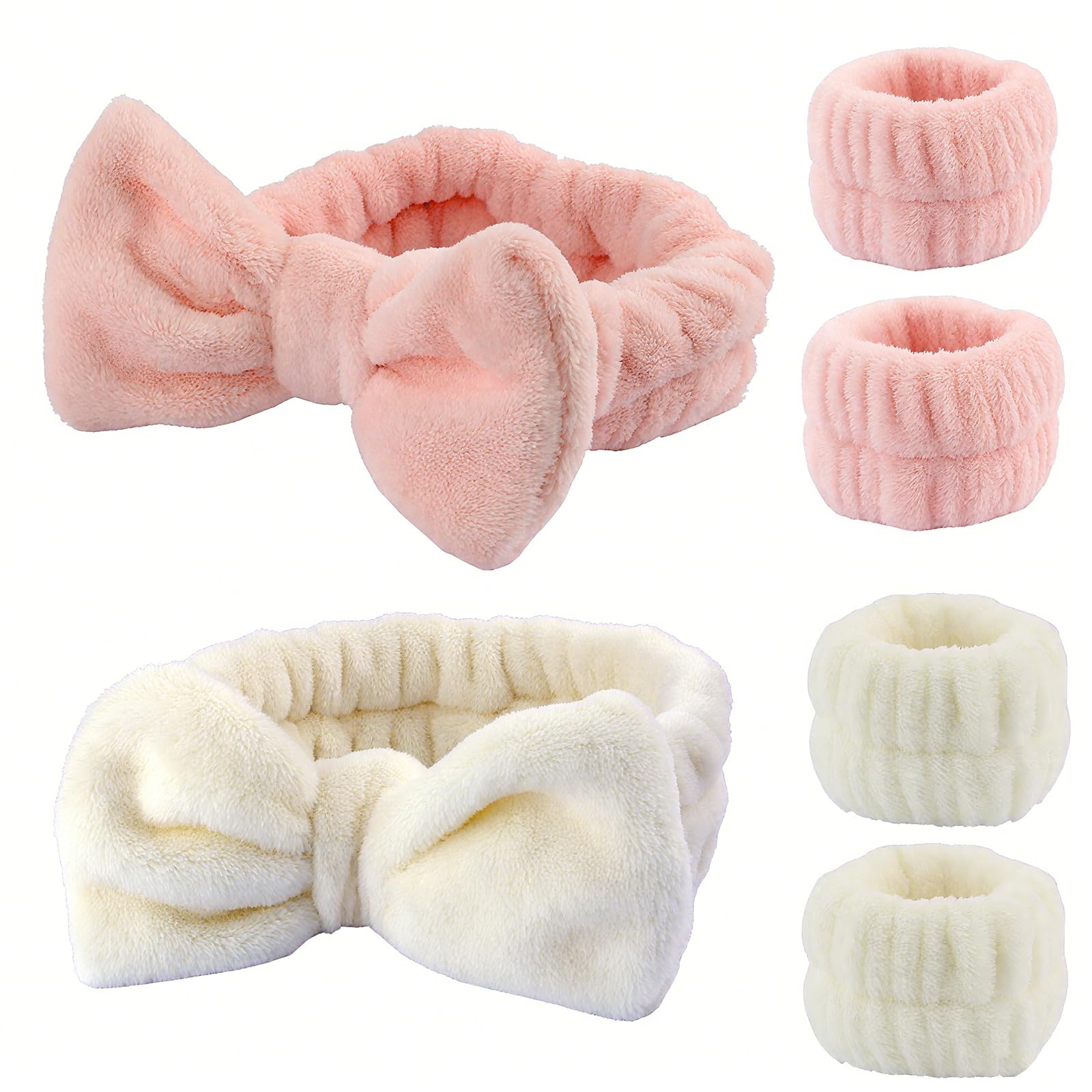 Stirnband zum Waschen des Gesichts, Spa-Armbänder, schnell trocknend, saugfähig, für Damen, 6 Stück (Rosa und Beige)