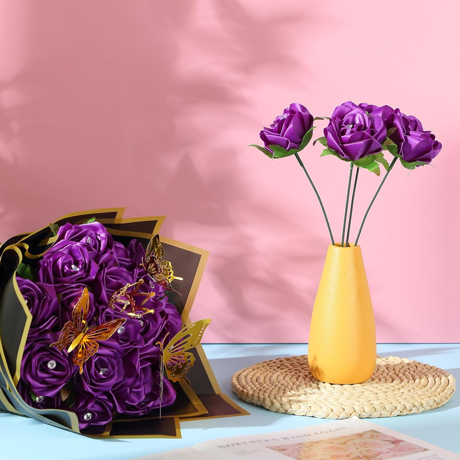 Riceshoot 25 Sets Ribbon Rose Bouquet DIY Fake Roses with Stems Faux Flowers Bouquet Kit Wrapping Paper Crown 3D Butterflies for Graduation Anniversary Birthday Wedding Gift(Purple) - Image 4