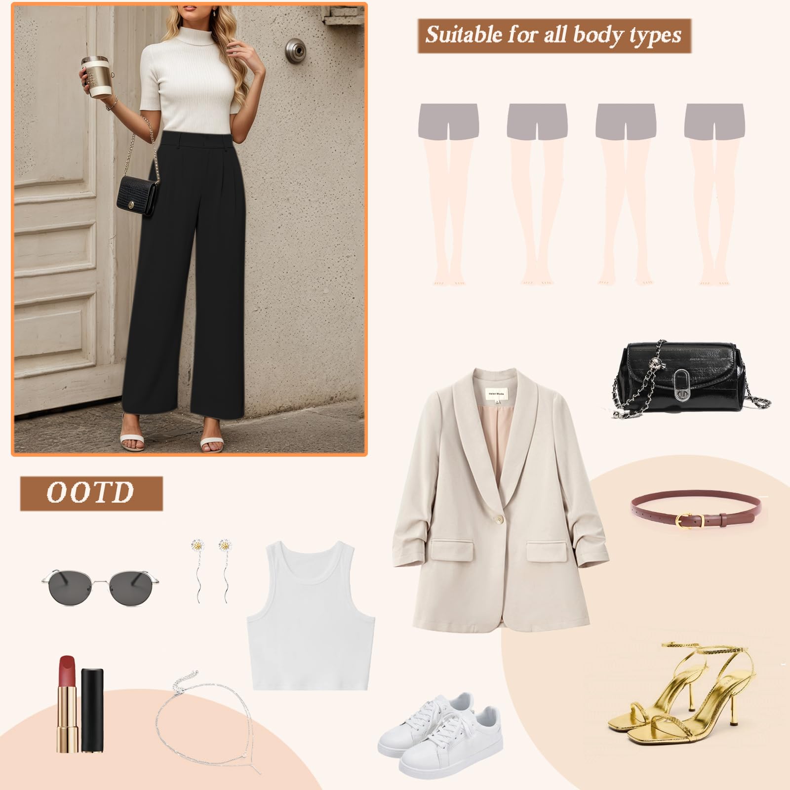 Pantalon Fluide Femme Eté Taille Haute Léger Pantalon à Jambe Large Chic et Elegant Elastique Ample Décontractée Travail Droit Pants Longueur avec Poches