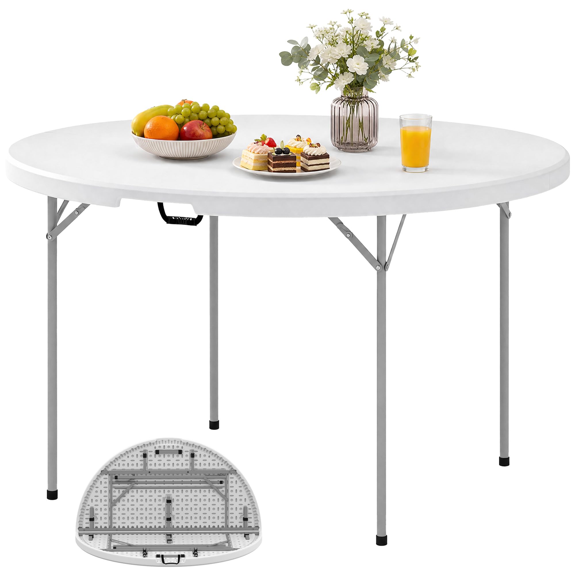Outsunny Mesa Plegable Camping, 120x120x74 cm, Mesa Plegable Portátil Ligera con Encimera de HDPE, Almohadillas Antideslizantes, Marco Metálico, para Acampar, Senderismo, Playa, Blanco
