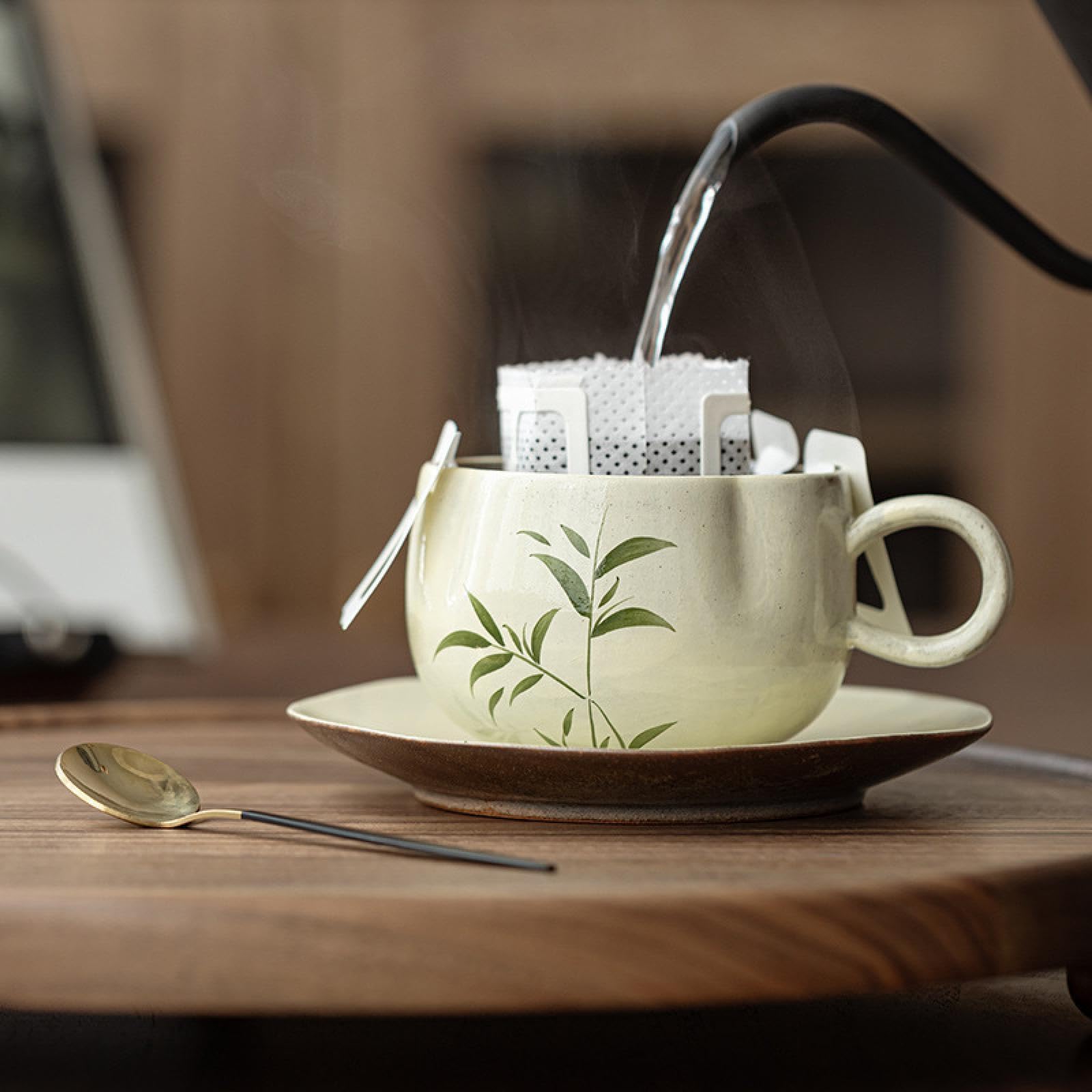 Filiżanka do kawy chiński styl bambusowy wzór ceramiczna herbata i zestaw z łyżeczką - eleganckie naczynia do użytku domowego, piękne Chiny, nowy tradycyjny design