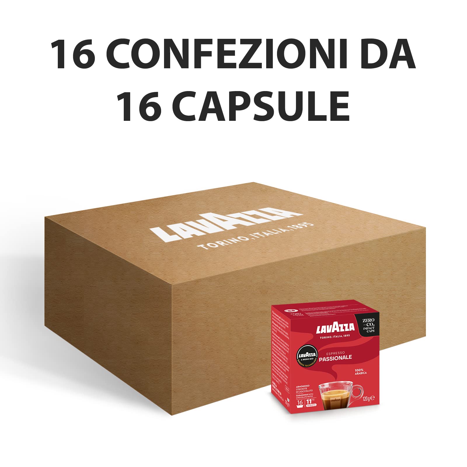 Lavazza, A Modo Mio Passionale, 256 Capsule Caffè, per un Espresso con Note di Caramello e Cioccolato, 100% Arabica, Intensità 11/13, Tostatura Scura, 16 Confezioni x 16 Capsule