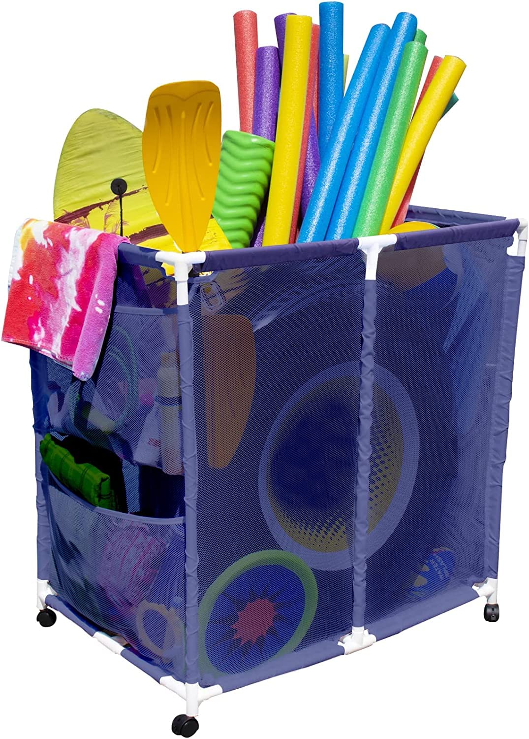 Pool Bins Outdoor Pool Floats, Balls, Toys and Equipment Rolling Mesh Organizer Storage Bin, Large (35" W x 25.4" L x 37.5" H), Blue / White