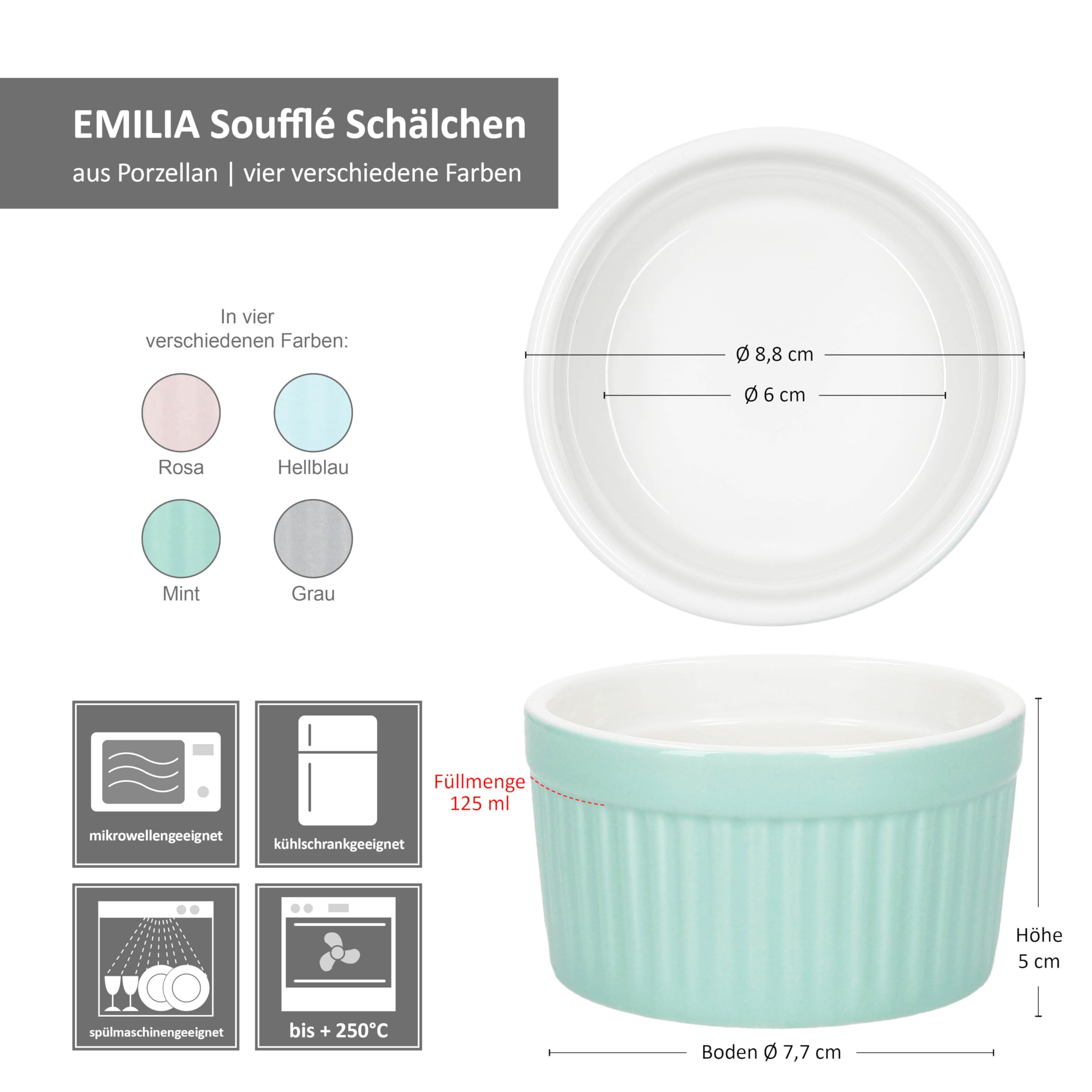 MamboCat Emilia 24er Set Soufflé Förmchen I 125ml, Ø8,8cm I je 6X rosa, türkis-blau, hellblau & grau I Porzellan Mini Backformen rund I für Crème Brûlée, kleine Aufläufe & Dessert