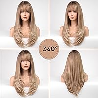 Vista 3 de HAIRCUBE Pelucas largas de color rubio ceniza para mujer, peluca sintética en capas con flequillo y raíces oscuras