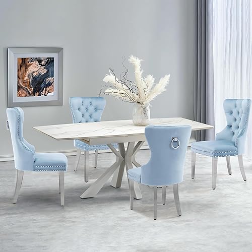 Miniatura 9 de Juego de 2 sillas de comedor de terciopelo, sillas de comedor tapizadas con patas de acero inoxidable y tirador de anillo redondo, modernas sillas