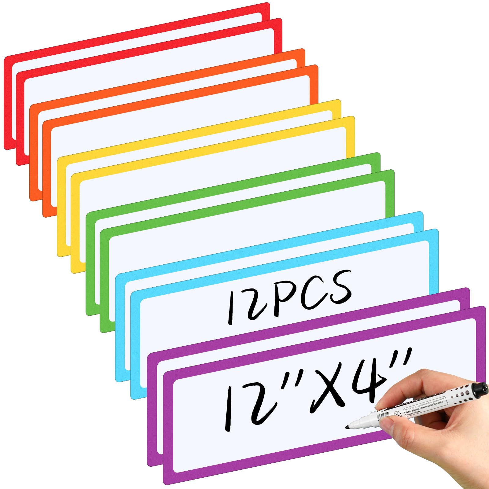 Janlaugh 12 Pcs Large Magnetic Dry Erase Labels for Classroom, 12 x 4 Inch Rectangle Magnetic Name Plates Label Flexible Magnet Stickers for