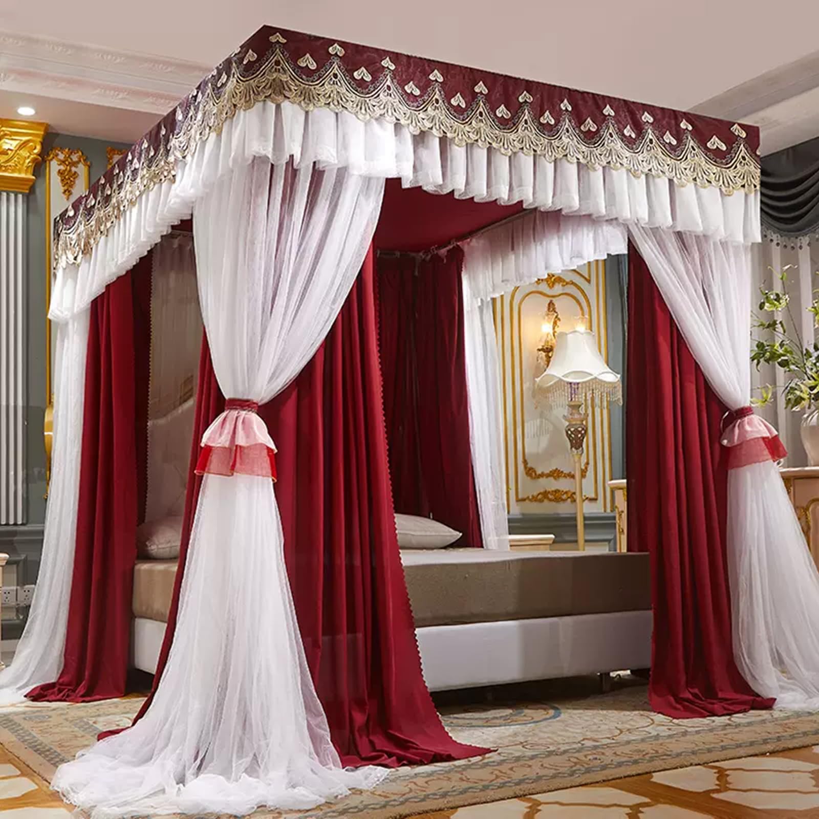 Elastyczna zasłona na łóżko księżniczki, baldachim, 4 narożniki, podwójna warstwa, na łóżko typu queen-size, z pyłoszczelną górną osłoną, zasłony do łóżka podwójnego, pełnego, queen-size,