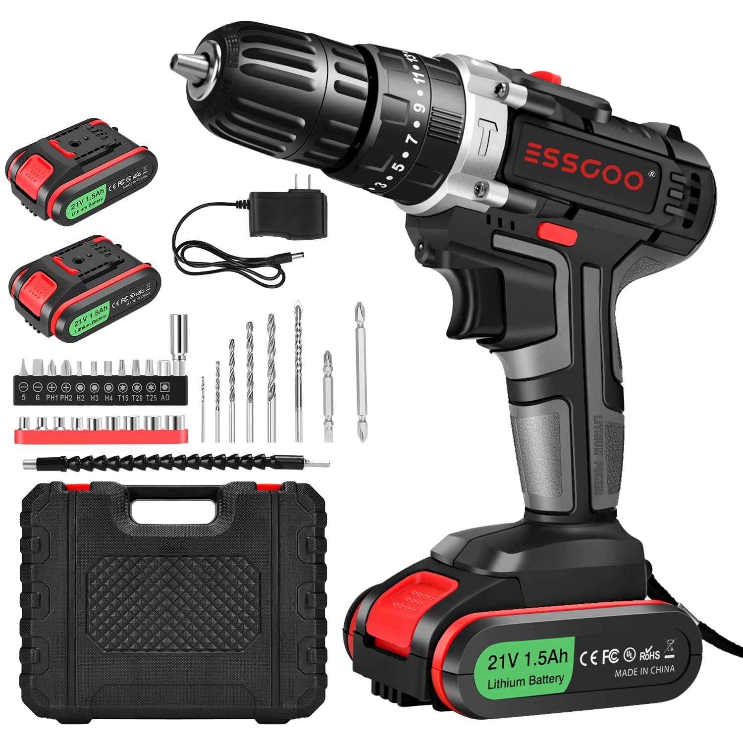 Buy ESSGOO Cordless Drill Driver 21V with 2 Batteries 1500mAh, 45Nm Max