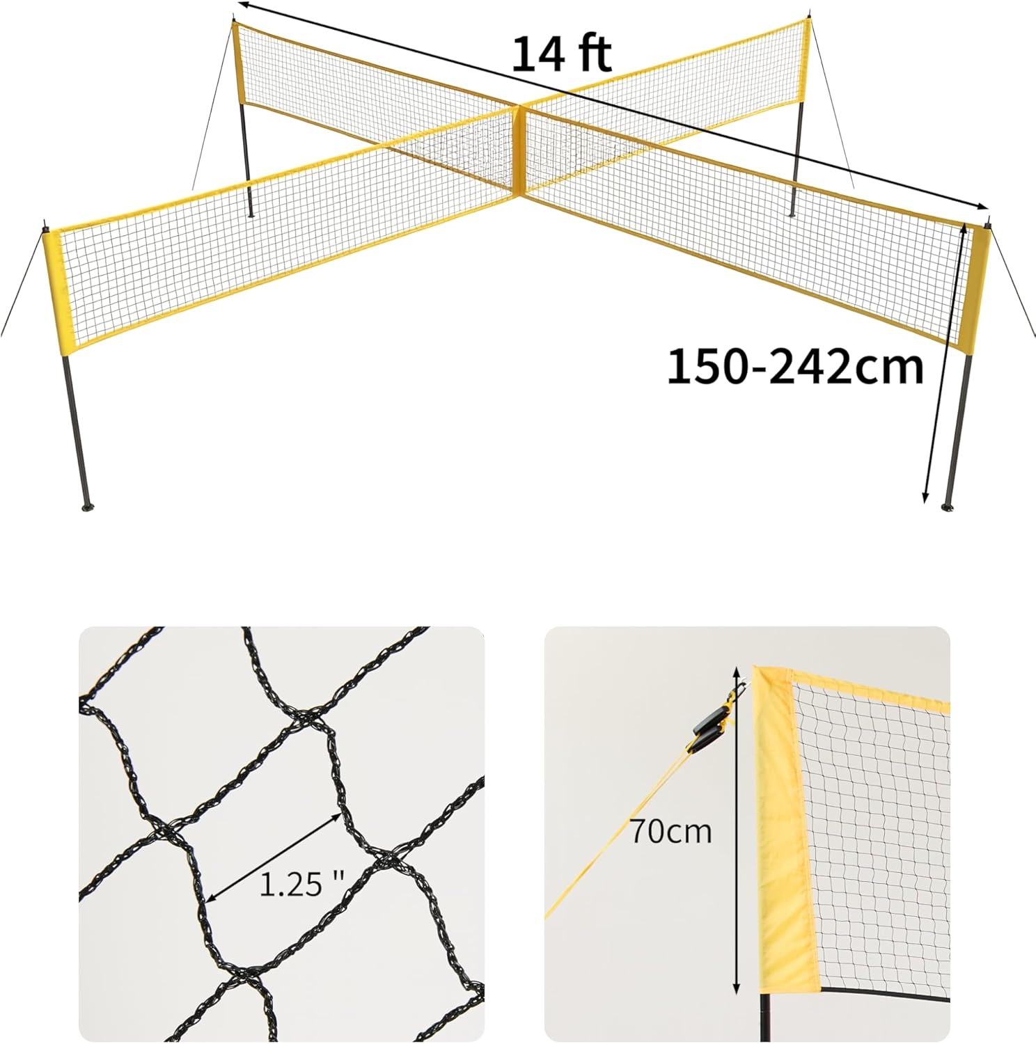 4 Square Volleyball Net for Backyard, 14 FT Wide 4-Way Volleyball Game Set with Adjustable Heights, Portable Training Net for Beach Lawn, Ideal for Family Fun Outdoor Games