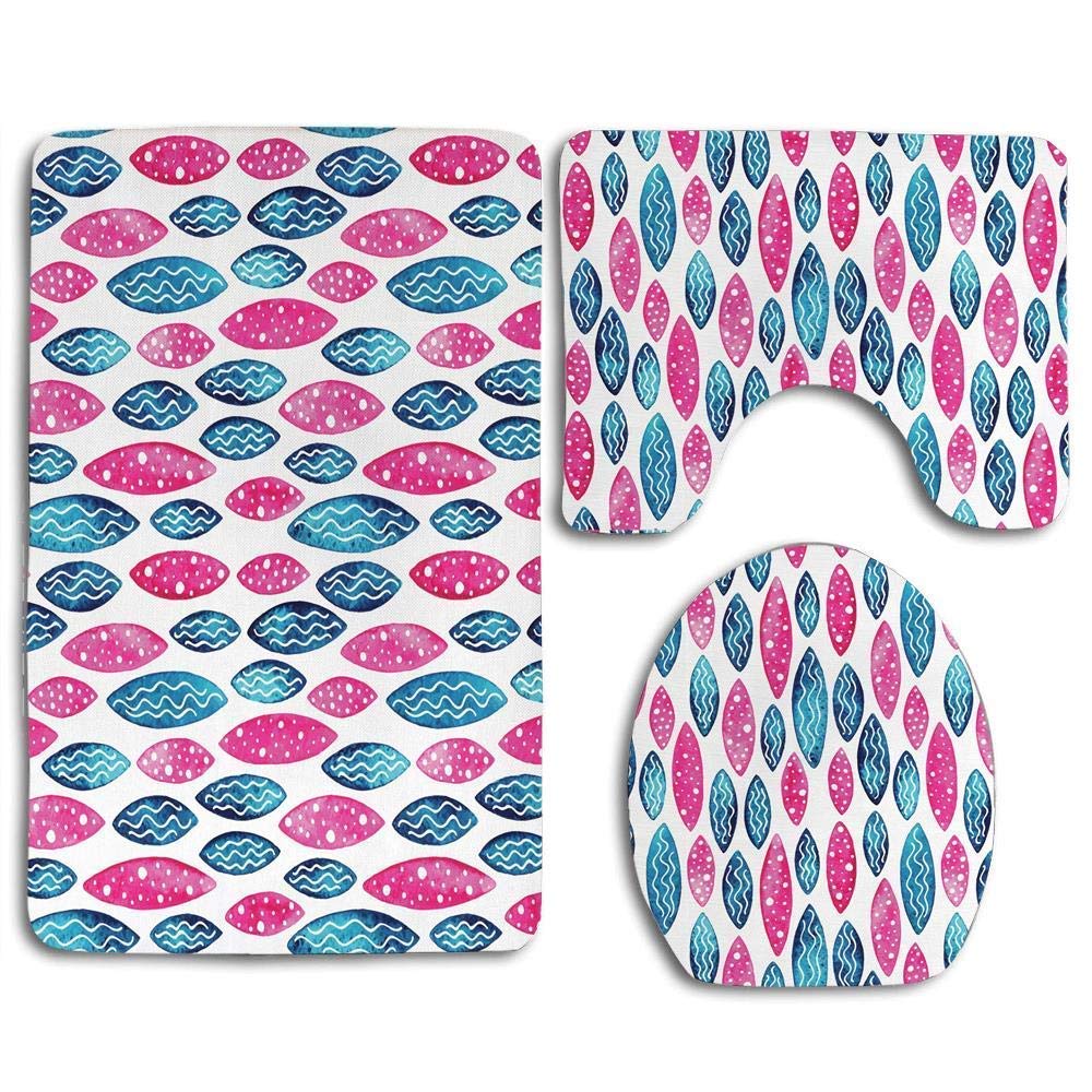 3 Piece Non Slip Bathroom Mats Geometric Formless Pattern with Wavy Lines and Circle Dots Vibrant Watercolor Soft Mat Anti-Skid Absorbent Toilet Seat Cover Bath Mat Lid Cover 3pcs/Set Rugs U Shaped Co