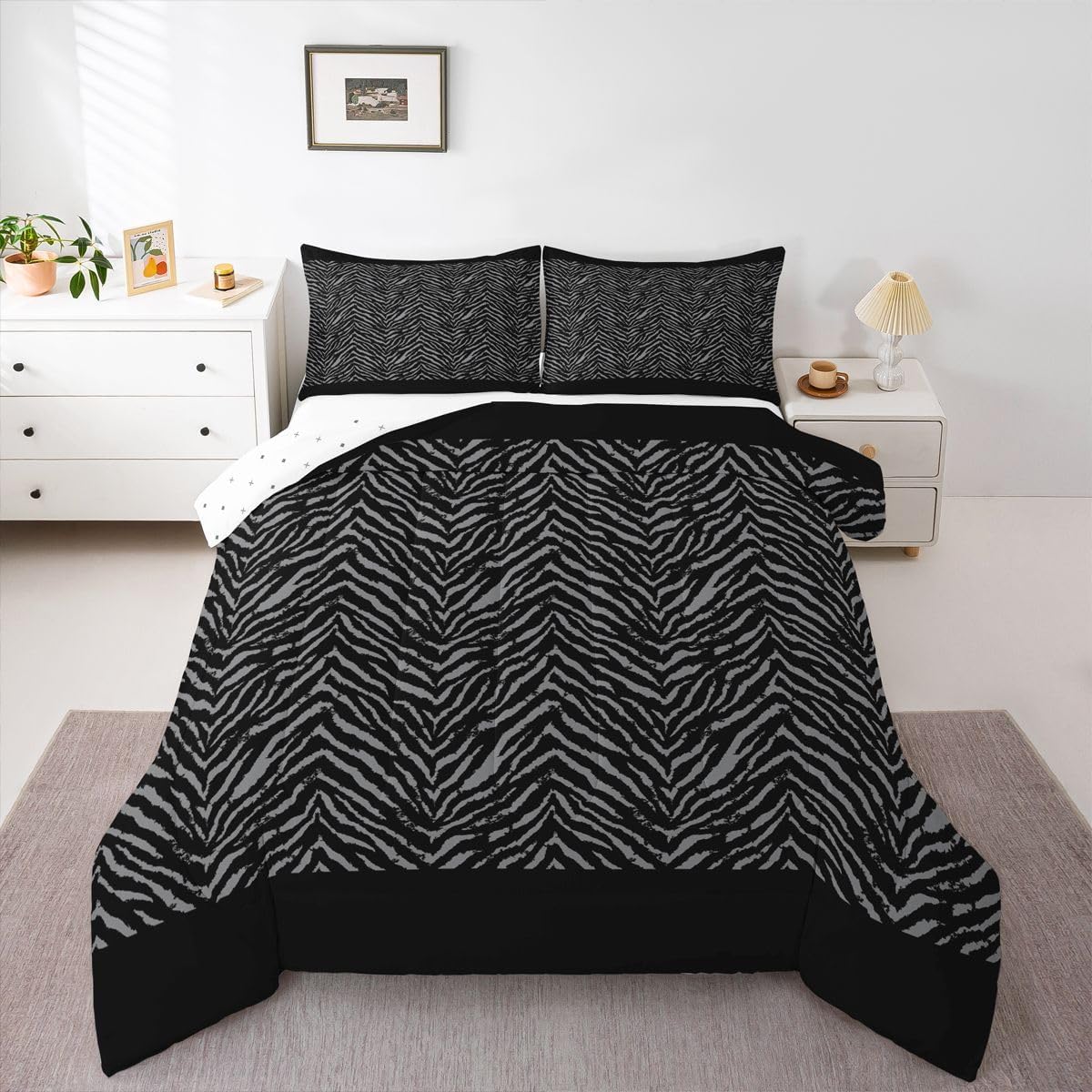 Castle Fairy Zebra Print Bedding Set Full Size Africa Wildlife Comforter Set Black Grey Animals Skin Quilt Set 3pcs for Kids Girls Boys Bedroom Decor Romantic Stripes Duvet Insert,2 Pillowcases