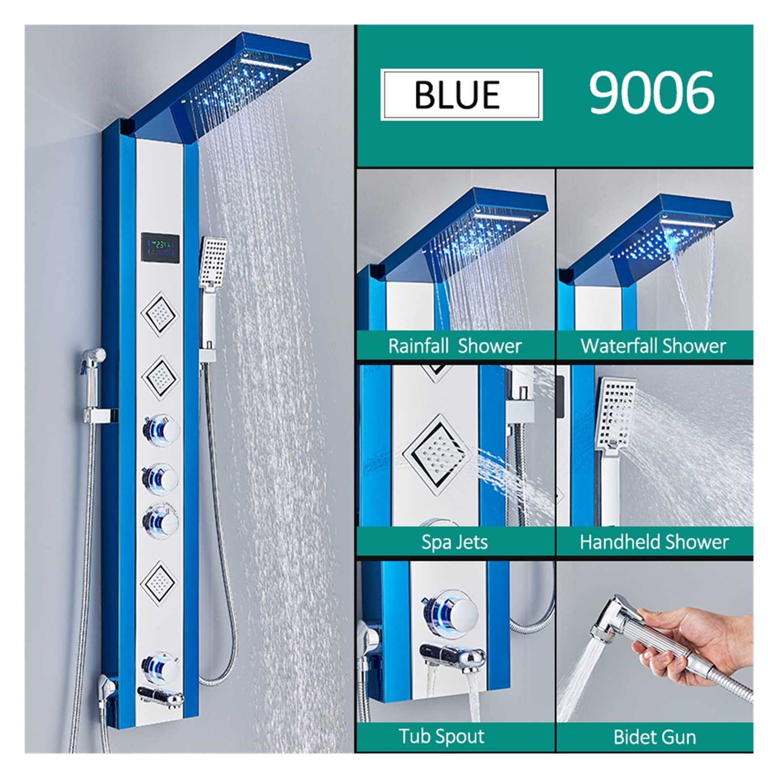 Juego de mezclador termostático de níquel negro para ducha, panel de ducha LED con 6 funciones, columna de ducha de lluvia y cascada, bañera de hidromasaje, ducha y bidé (modelo 8006 1)