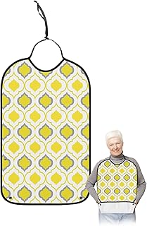 BOBOWUNY Yellow Geometric Adult Bibs for Elder Women Men Eating, Quatrefoil Trellis Moroccan Pattern Waterproof & Washable Bibs for Eating Clothing Protector Dining Bibs for Crumb Catcher