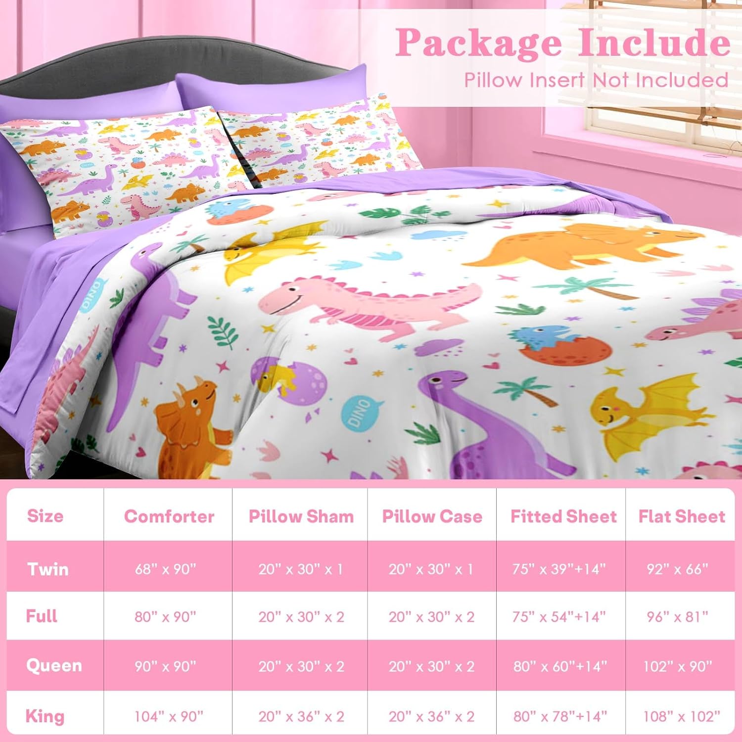 Comforter Set Twin Size, Cute Dinosaur 5 Pcs Bedding for Kids and Adults, Love Rainbow Happy Bed Sheet Sets with Fitted Sheet Pillowcase & Sham for Bedroom Bed Decor - Image 6