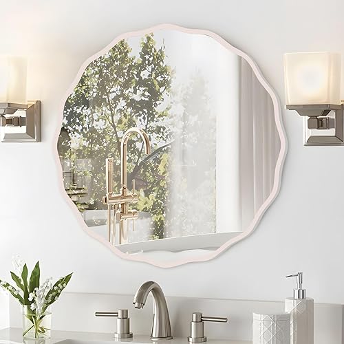 Miniatura 9 de Espejo redondo ondulado con acabado blanco envejecido para pared decorativo de 28 pulgadas, moderno espejo circular ondulado para baño, dormitorio