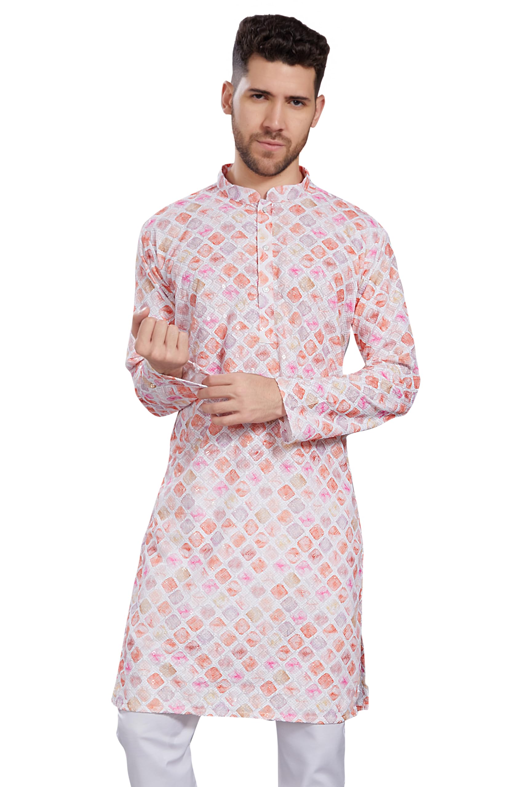 Divisive Men's Thread Embroidered Cotton Blend Only Slim Fit Kurta (Dkrt793_S_White -Peach)