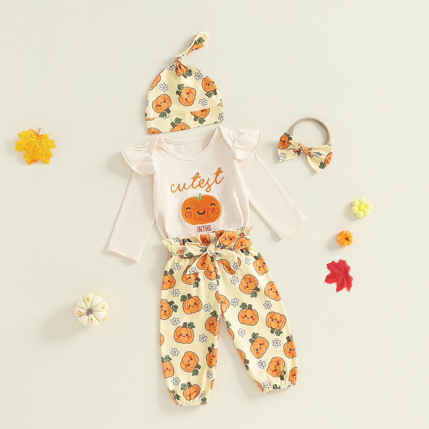 My First Baby Girl Halloween Outfit Newborn Pumpkin Embroidery Romper Bodysuit Pants Hat Headband Set 4cps Clothes