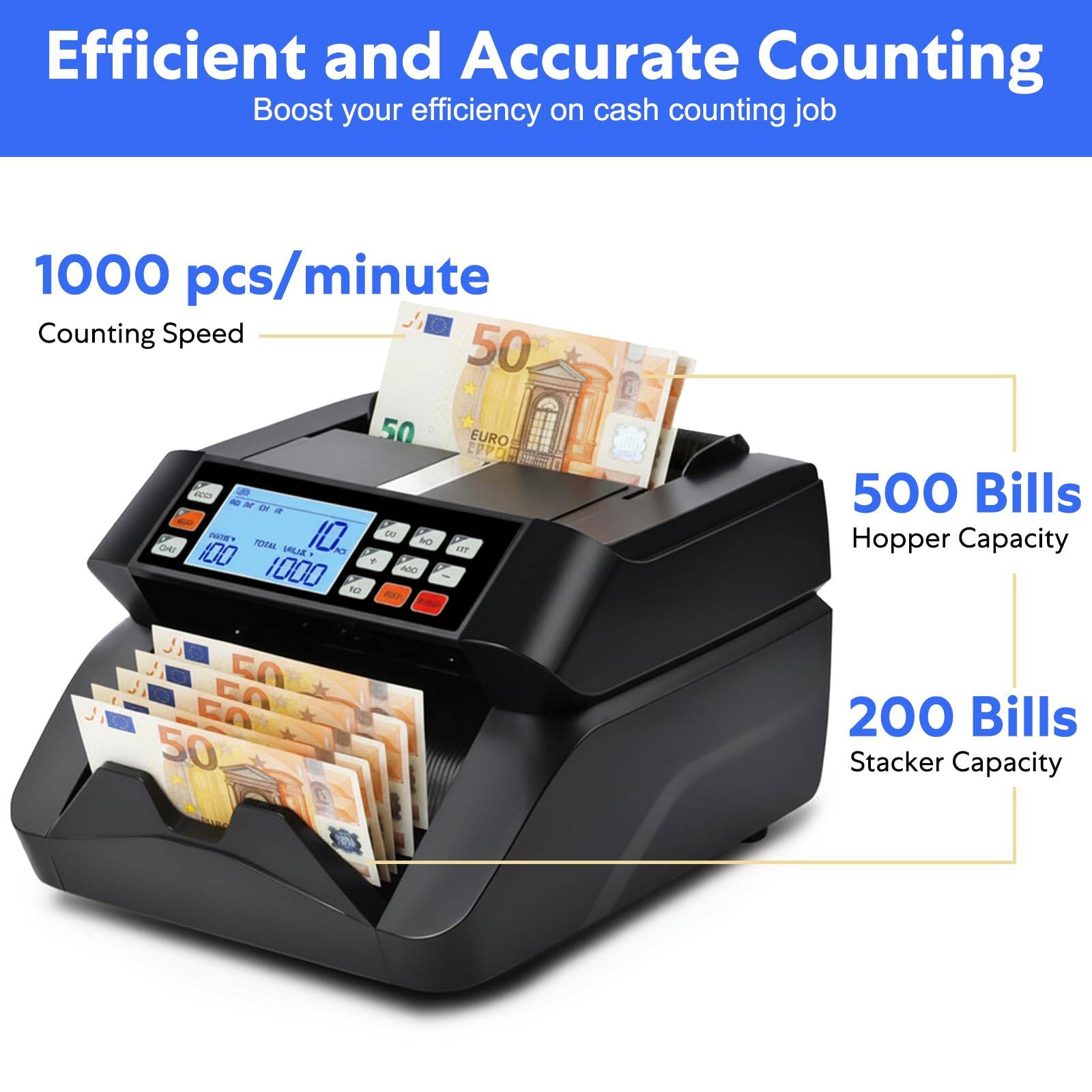 Compteuse de Billets Professionnelle Machine a Compter les Billets, Détection UV/MG/IR/MT, 1000 Billets/Min, Machine Compte Billet Affichage LCD 3,5” et Écran LED Externe, Mode Addition, Valeur et Lot
