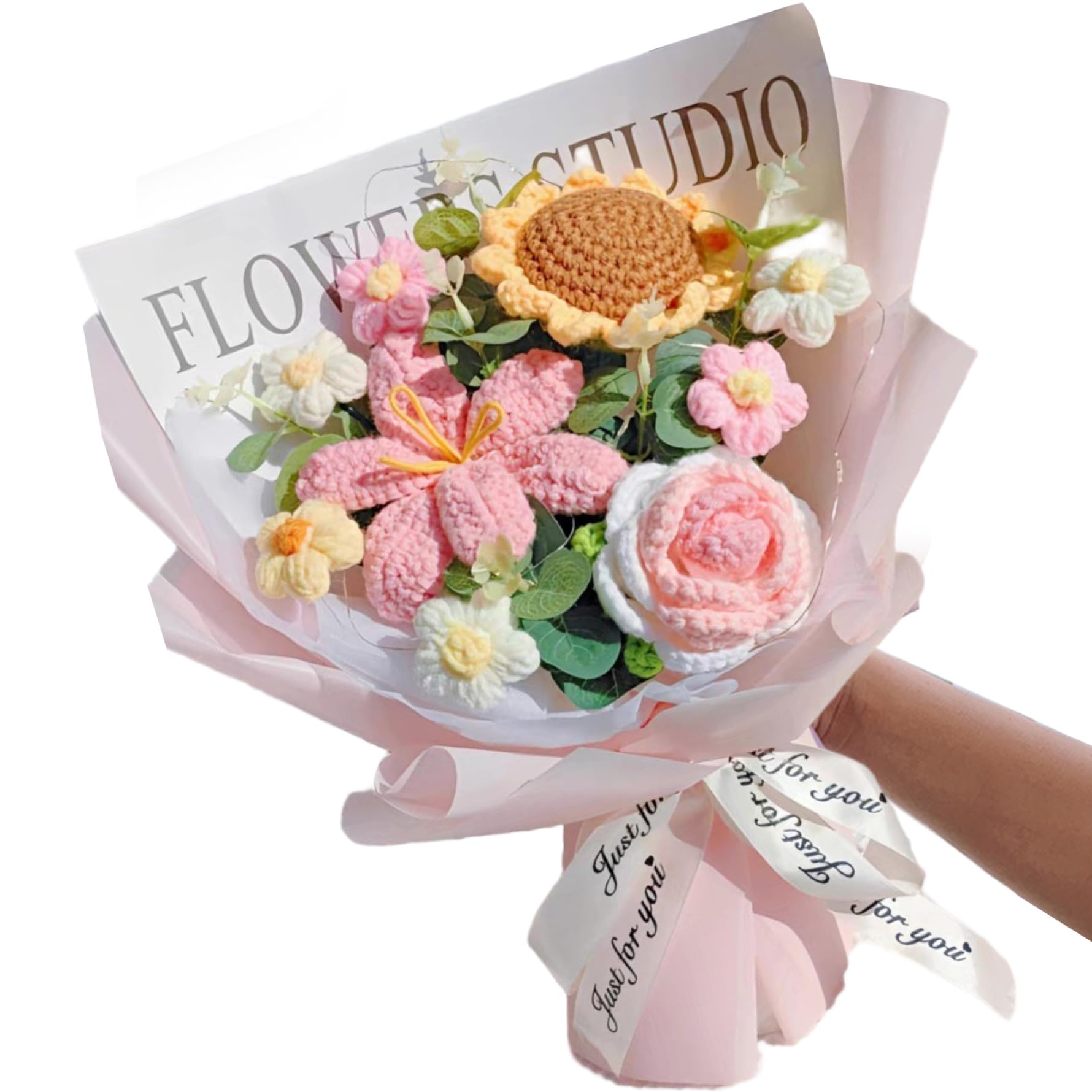 Bouquet de fleurs tricotées en coton rose artificiel fait main pour décoration