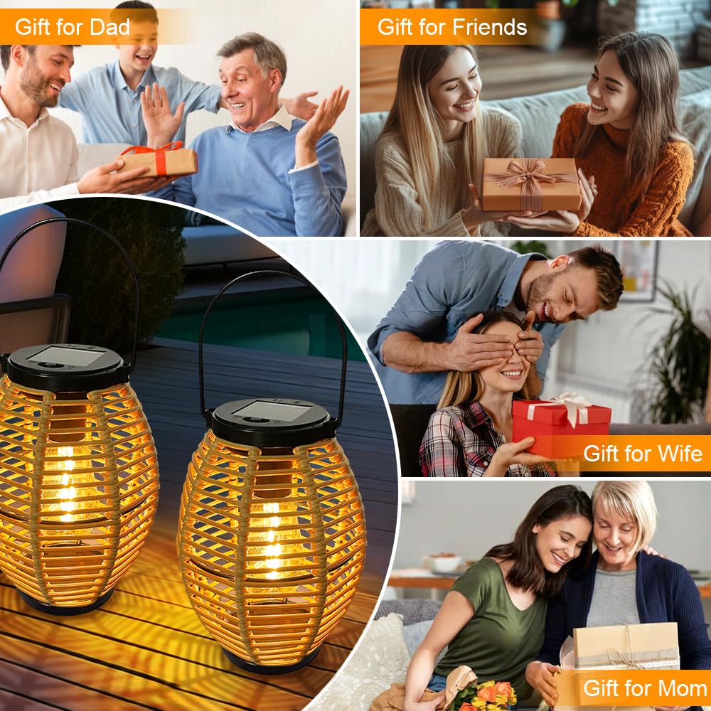 Bseical Lanterne Solaire Exterieur Jardin - 2 Rotin Lampe Solaire Exterieur, IP44 Étanche Lumiere Solaire Exterieur Lampadaire de Style Bohème, Suspendre/Perchées pour Table Cour Jardin Decoration