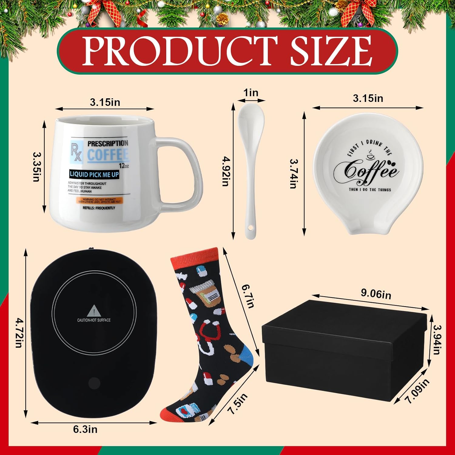 Sliner 5 Pcs Coffee Lovers Pharmacist Gift Includes Prescription Coffee Mug, Spoon, Coffee Themed Tray, Coffee Socks and Coffee Heating Pad Christmas Gift for Male and Female Pharmacist Coffee Lovers