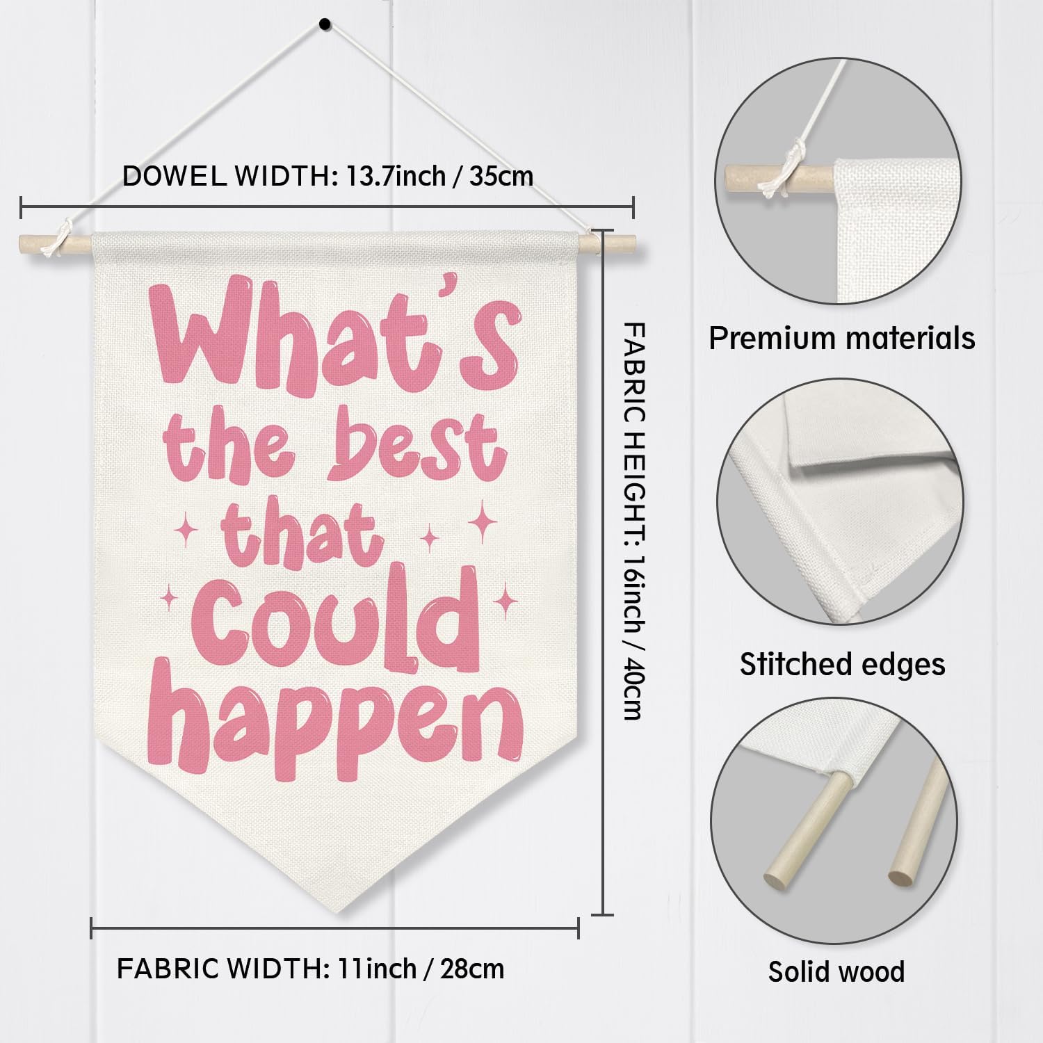 Motivational Quote Canvas Wall Banner – What’s the Best That Could Happen,Retro Pink Inspirational Poster, Wall Hanging Canvas Flag with Wooden Rod for Teen Girl Room, Dorm, Office, Classroom Decor, 11x16 Inch(KD06)