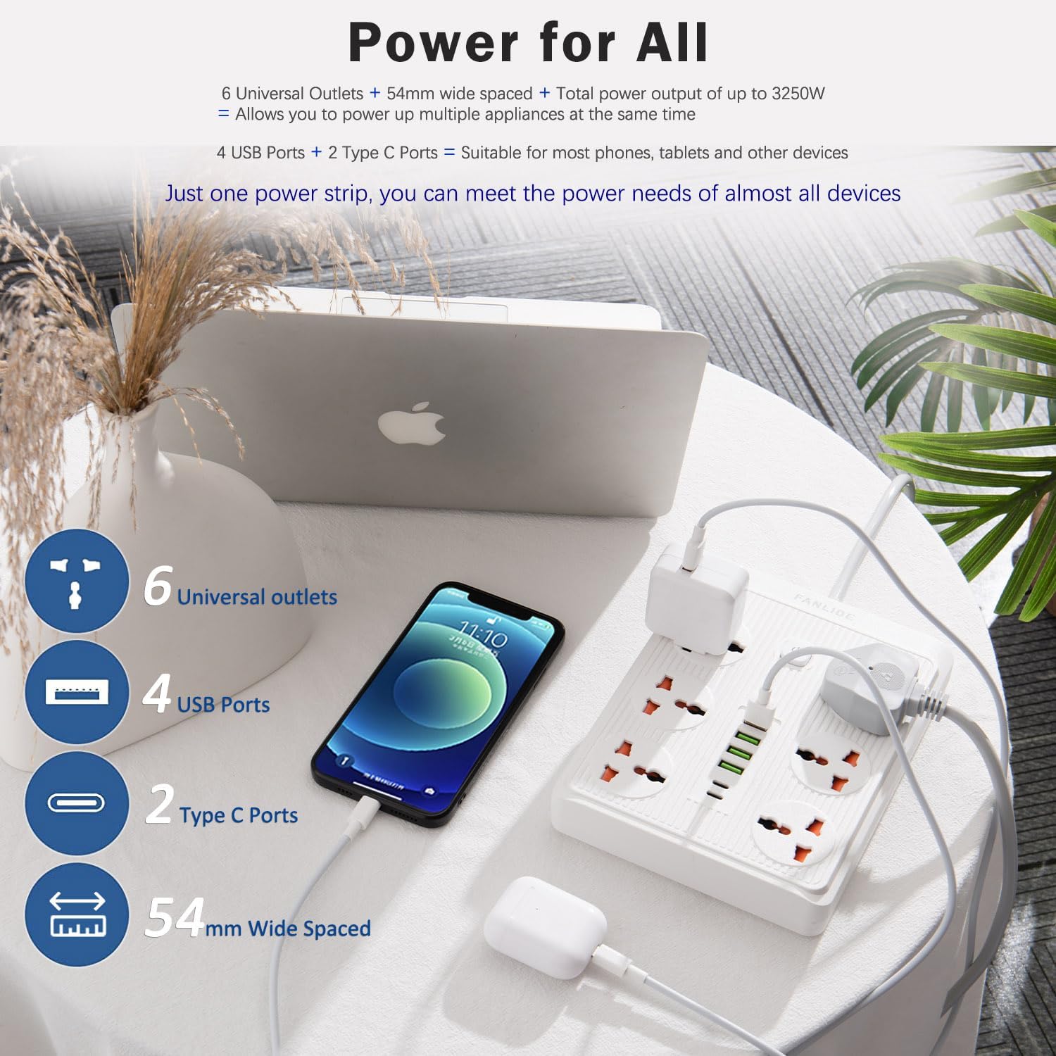 FANLIDE Power Strip with 45 Degree Plug and 10ft Long Cord, 6 Universal Socket, 13A 3000W Power Strip with Surge Protection, 6 USB Ports Desktop Charging Station(4 USB-A & 2 USB-C)