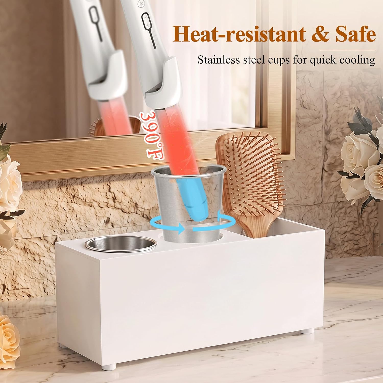 Hair Tool Organizer - Acrylic Hot Tools Organizer and Hair Dryer Holder with 2 Heat-Resistant Stainless Steel Cups, Wall Mounted & Countertop Dual-Use Bathroom Storage for Curling Iron, Brushes image 3