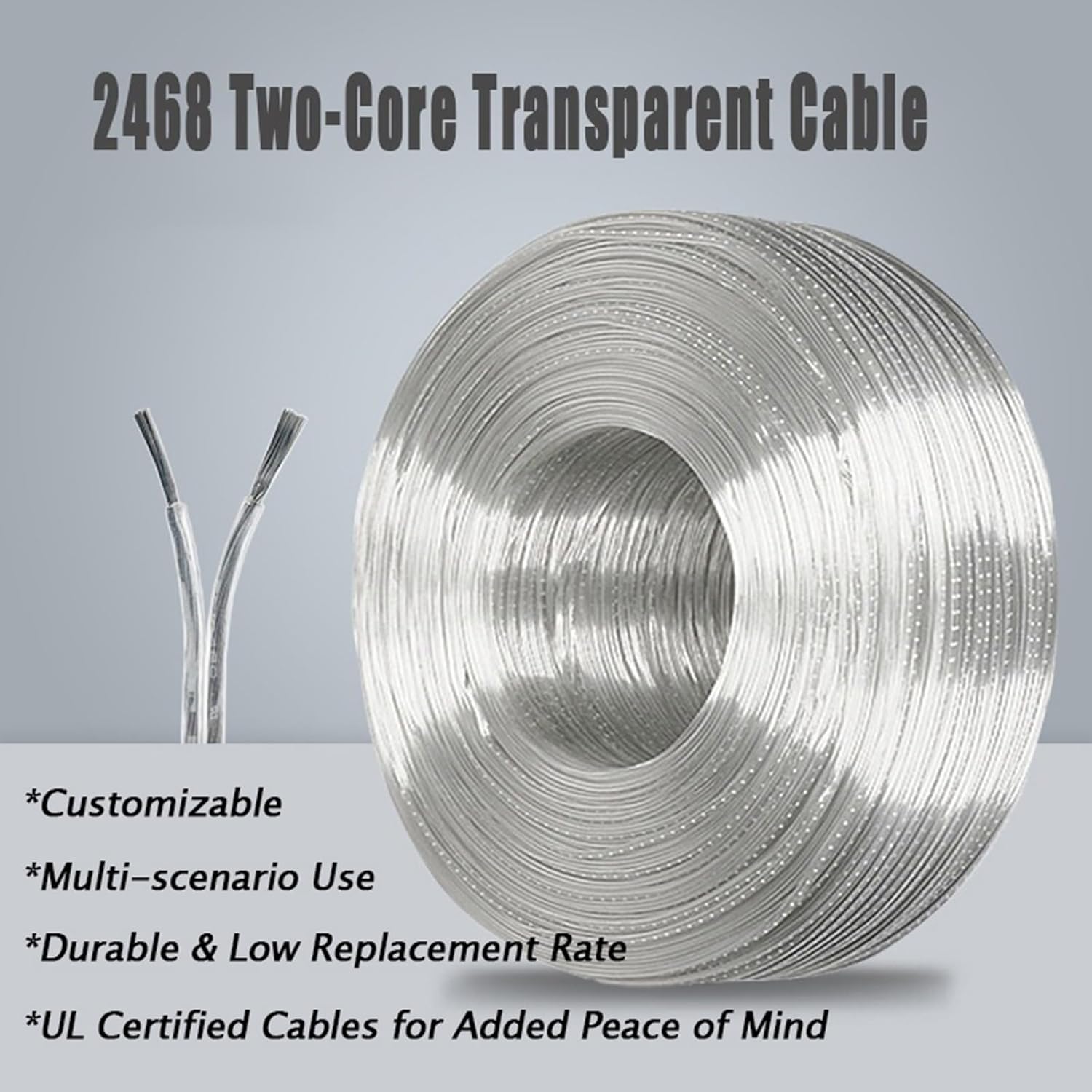 18/2 PVC Clear Electrical Cable, 15-100 Ft 300V Round Lamp Cable Insulated Heat Resistant Flexible Wire for LED Lamp Audio Cable Speaker, UL Listed 18-28AWG(15ft,26awg)