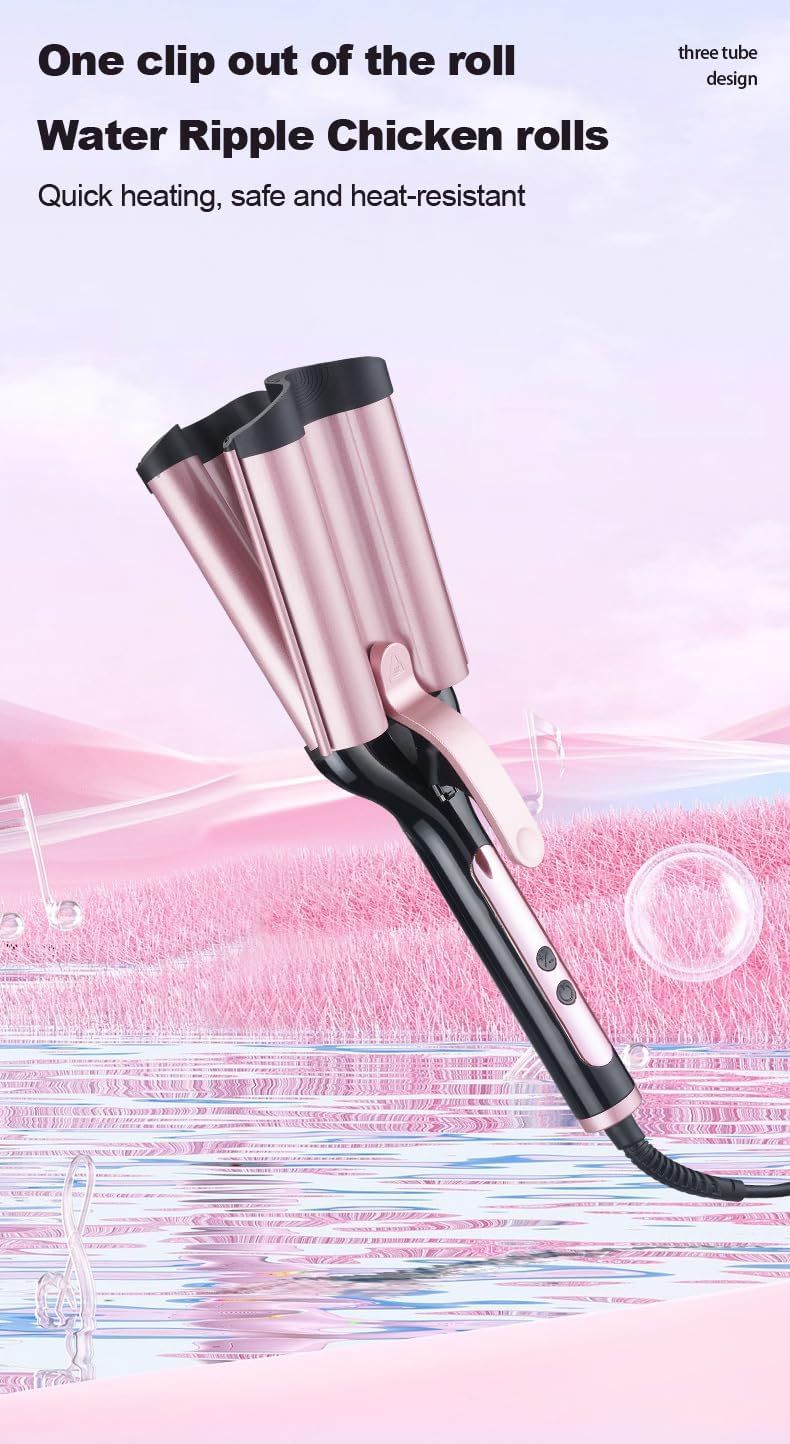 HS535 Professional Hair Curling Iron, LCD Temperature Control, 3-Barrel Wave Styler, Rose Gold, 120-220°C, 120W Ceramic Heating