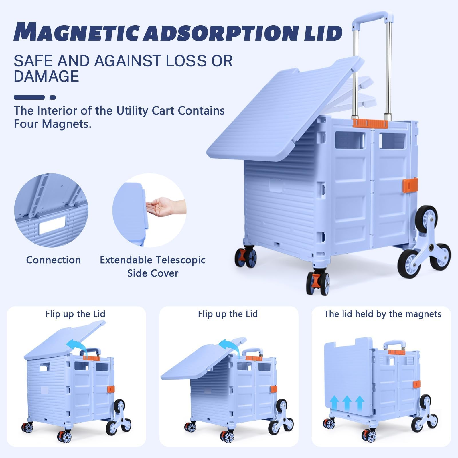 Carrito de Compras Plegable, Carro Portátil Plegable con Ruedas para Subir Escaleras, Cesta Compacta con Tapa Magnética, Carrito Rodante con Mango Telescópico, Ligero y Resistente hasta 80KG-Azul