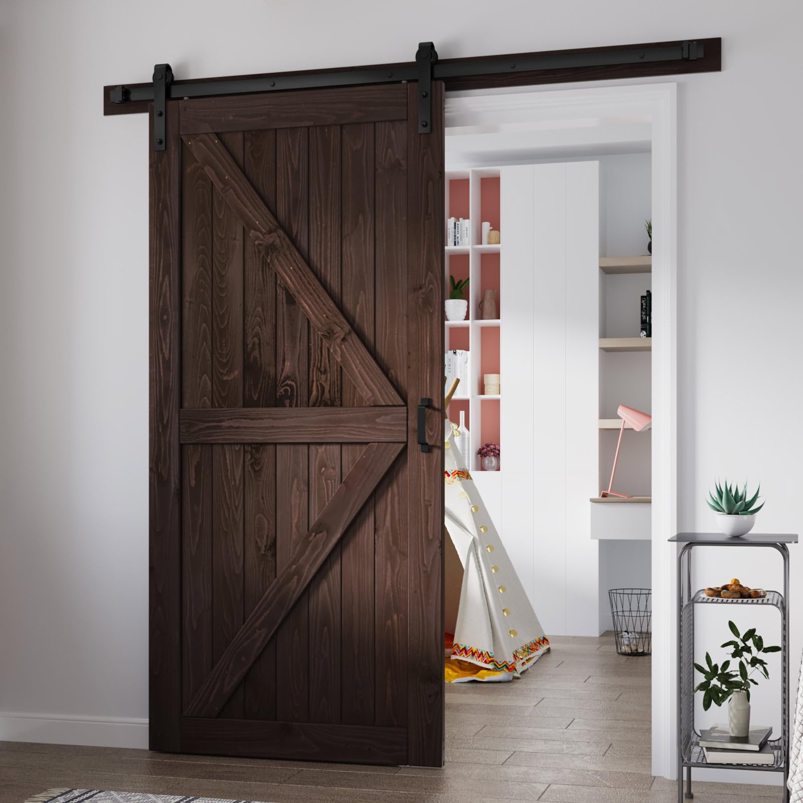 FREDBECK 42 x 96 Brown Wood Barn Door with Hardware Included,K-Frame,Coffee