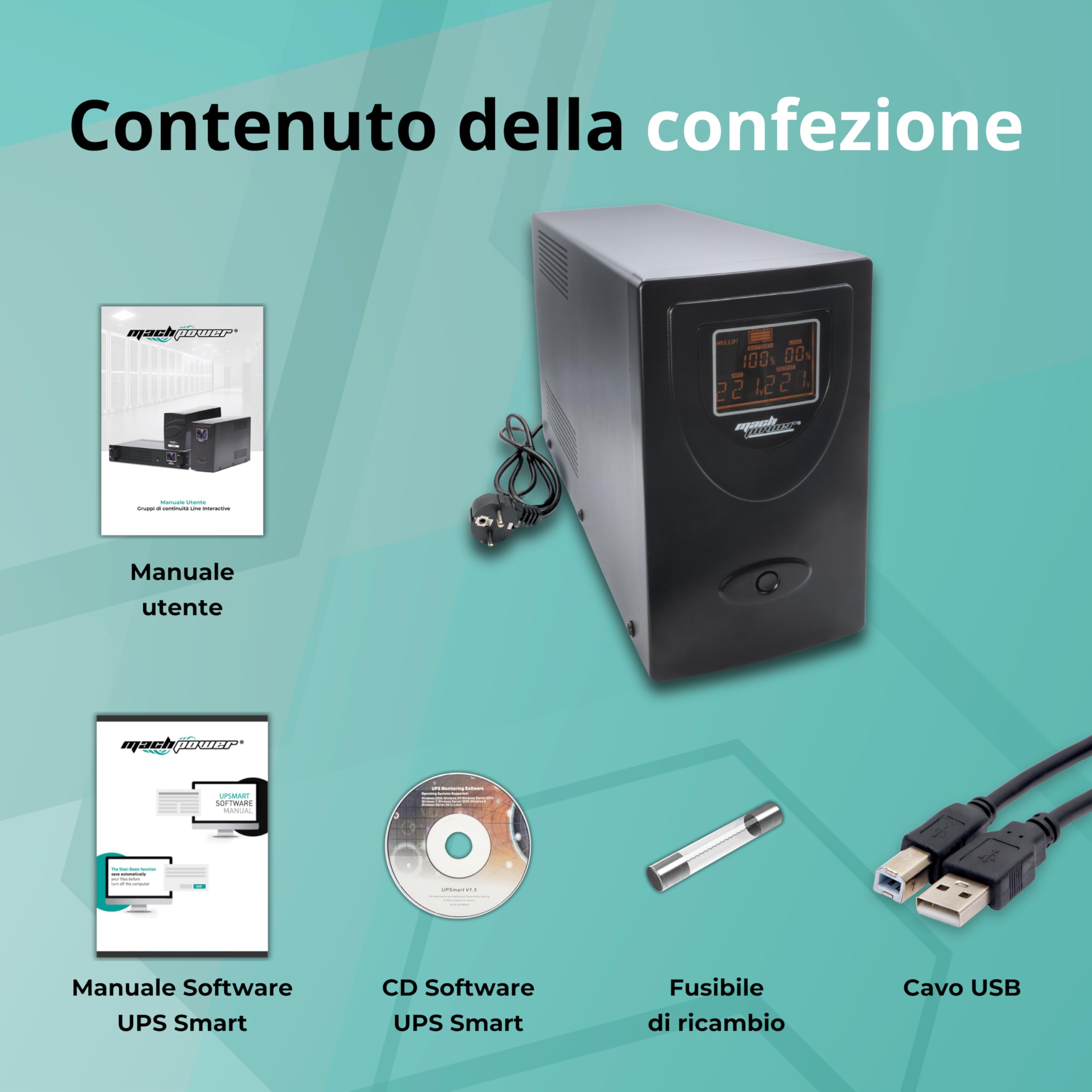 Gruppo di continuità line interactive 2000VA/1200W, stabilizzatore AVR, 2 batterie 12V/9Ah, 2 uscite Schuko/Ita, 1 Porta USB, display LCD, struttura in metallo UPS-LIT20MD (2000VA/1200W)