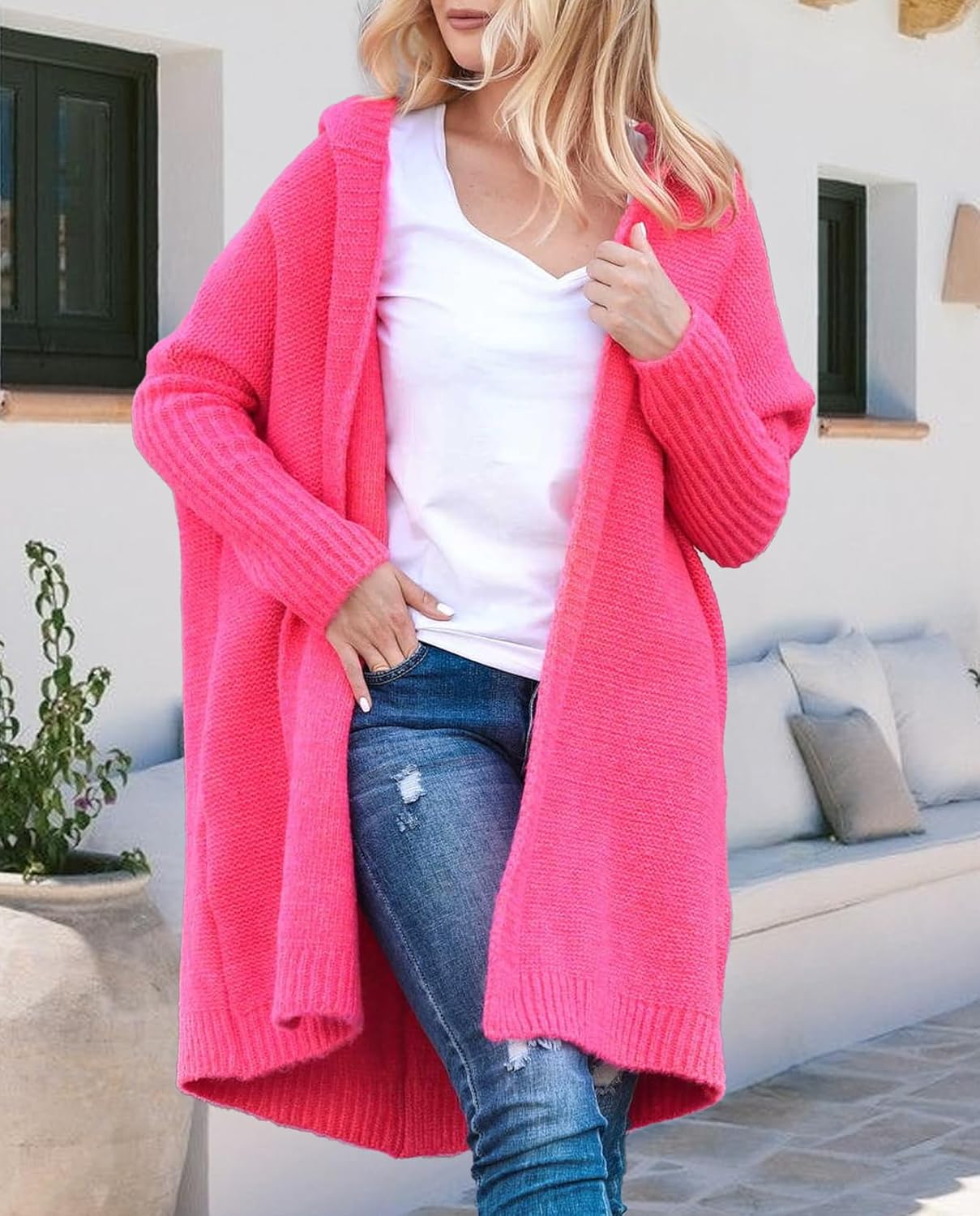 Knitted Hooded Sweater for Womens Casual Open Front Cardigan Winter Sweater Batwing Sleeve Long Sweater Coats - Image 3