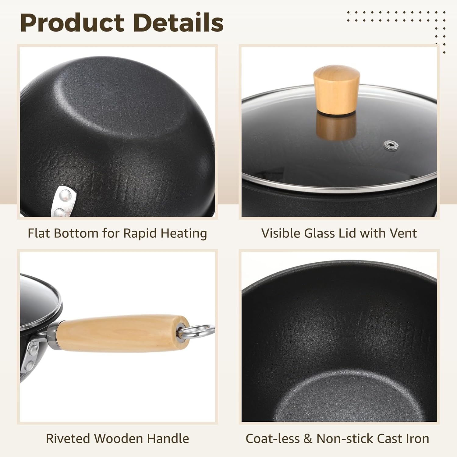 Small Wok with Lid, Mini Wok, 8" Non-stick Mini Frying Pan, Compact, Coating-less, Cast Iron Wok with Wooden Handle, Compatible with Induction, Gas, Ceramic Stove