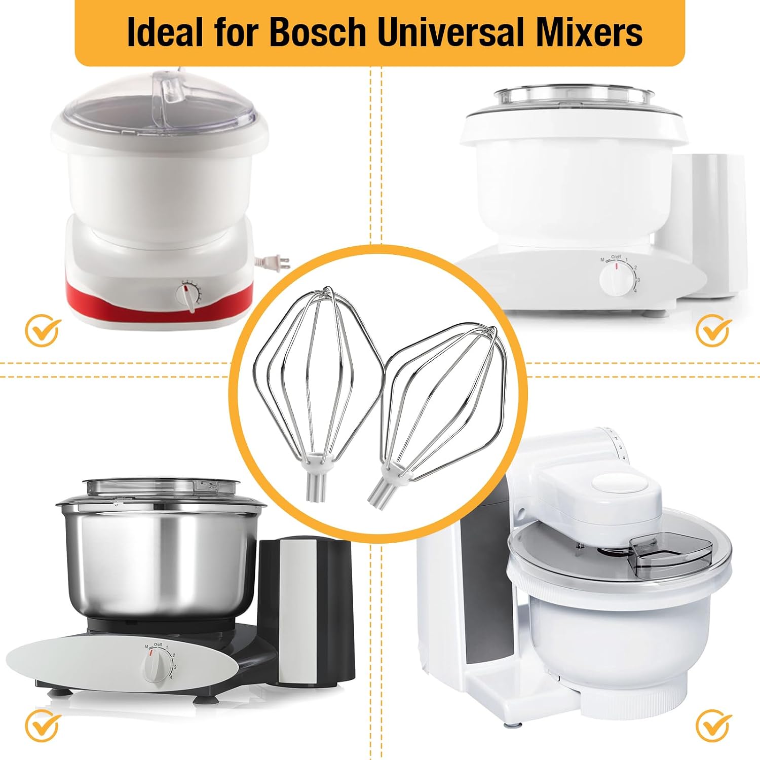 Touri Stainless Steel Wire Whips for Bosch Mixer, 3-Pack, Silver, 2 x 4 x 6 Inches
