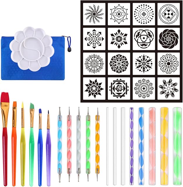 Khaco 37pcs Mandala Dotting Tools Set with Stencils Palette Paint Brush Ball Stylus Pens for Painting Rocks Nails Canvas Coloring Art Drawing
