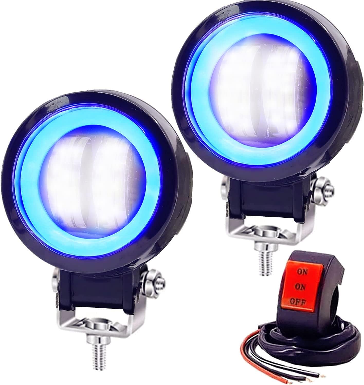Ourbest Motorcycle Fog Lights with Switch,3inch Motorcycle auxiliary lights, Halo Round led lights, luces exploradoras para moto pair(White Beam with Blue Ring)
