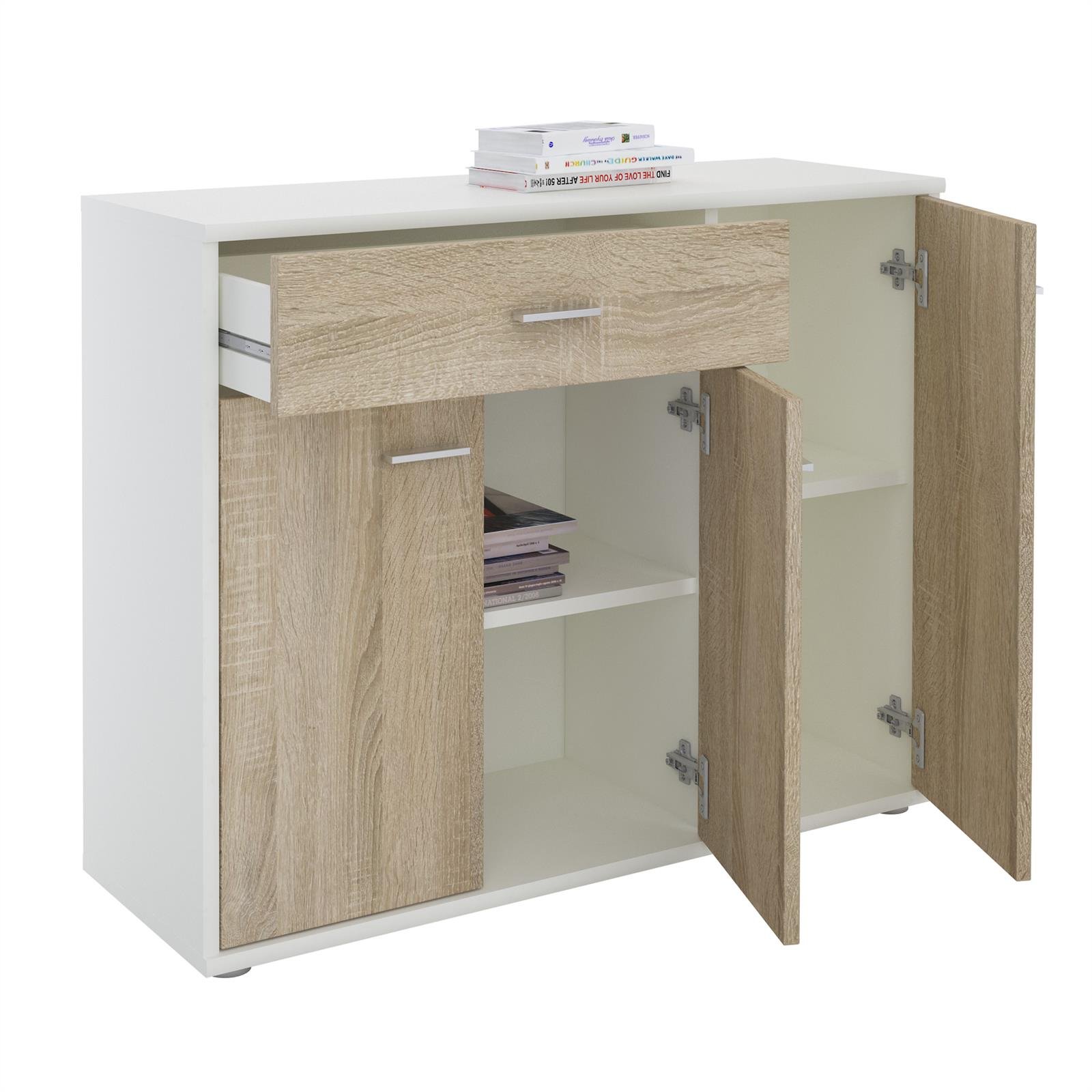 CARO-Möbel Sideboard Estelle Mehrzweckschrank,weiß/Sonoma Eiche mit 3 Türen und 1 Schublade, 88 cm breit