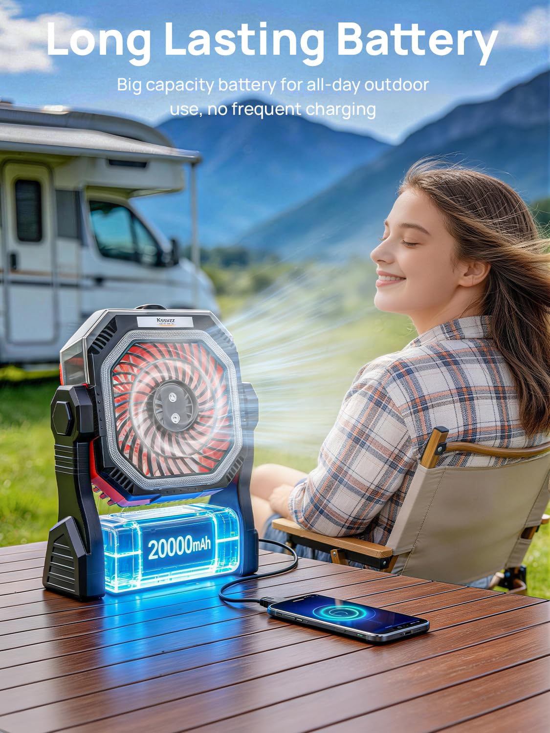 Kssvzz Ventilatore da campeggio con Nebulizzatore e Timer, 20000 mAh Ventilatore Ricaricabile con 4 velocità, USB Ventilatore da Tavolo con luce LED, Alimentato a batteria per Viaggi, Picnic, Pesca