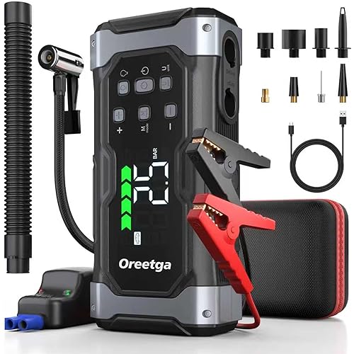 Upgraded 9000A Car Jump Starter with Air Inflator/Deflator Compressor, 9 in 1 Portable Jumper Box Power Pack Charger (All Gas/14L Diesel) Combo Cordless Air Pump for Tire Inflator & Large LCD Screen