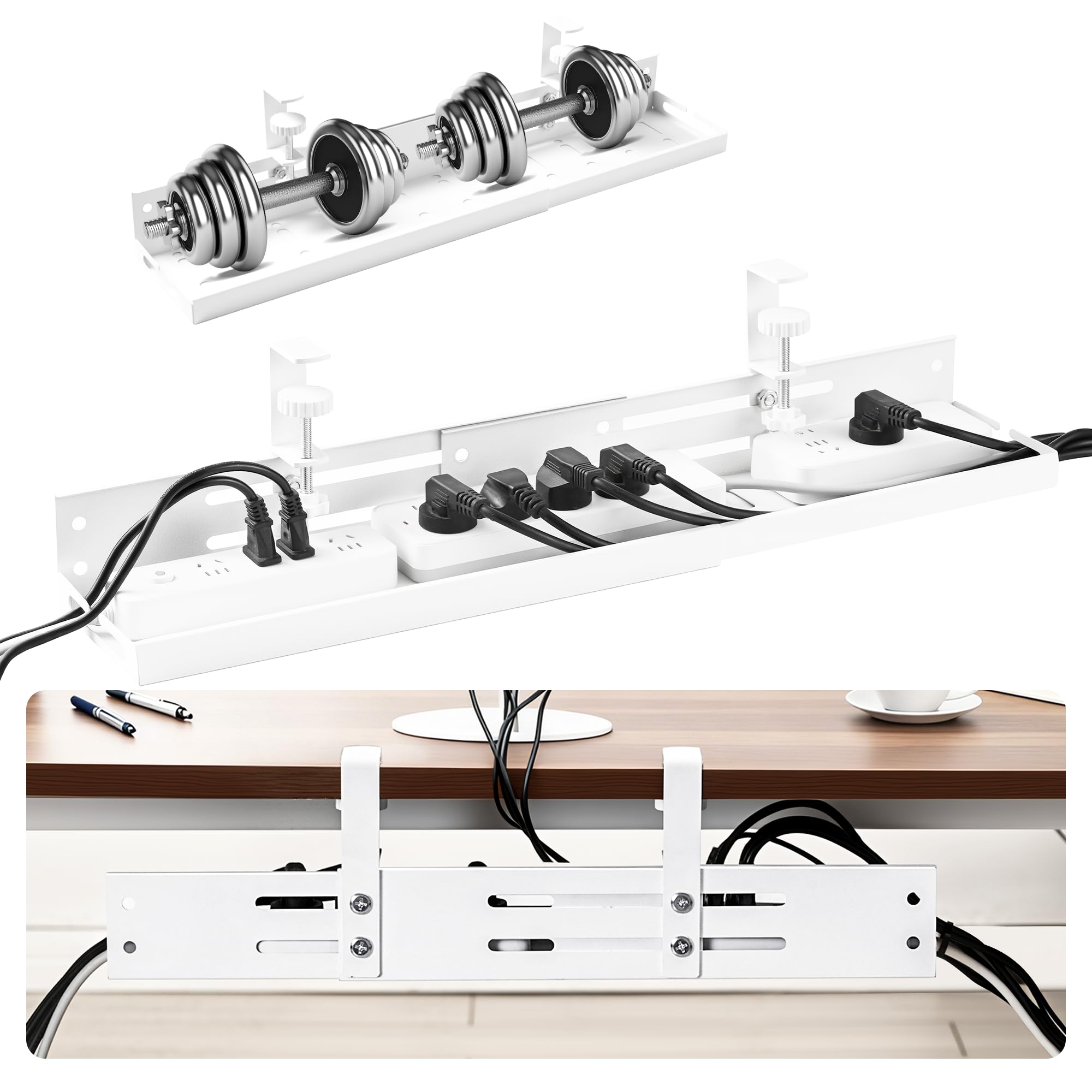 Retractable Under Desk Cable Management Tray No Drill, 43–76 cm Long Adjustable Wire Organiser with Clamp Mount, Cable Tidy for Office Workspace, Gaming/Standing Desk, White