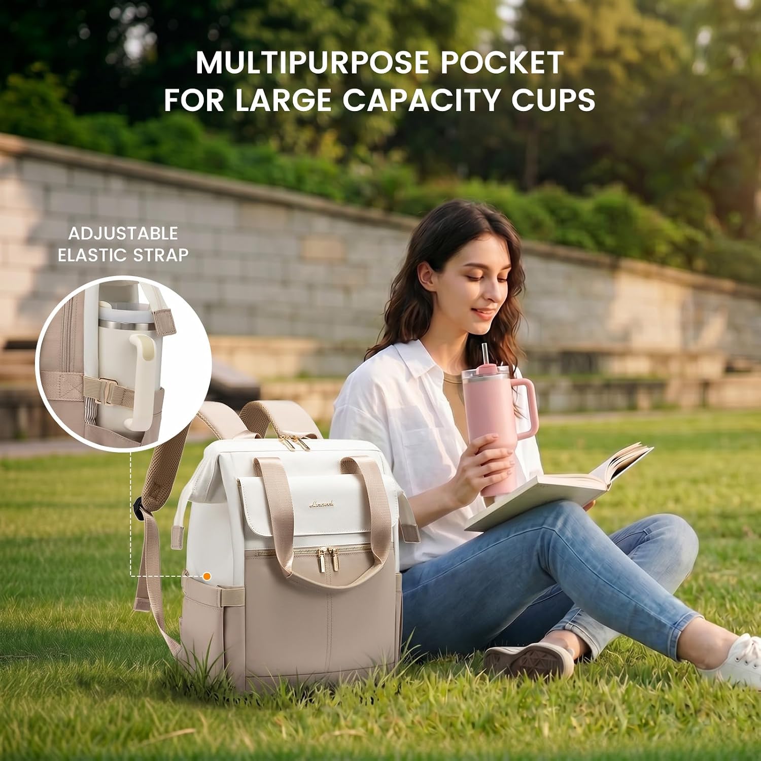 lovevook laptop backpack for women, 15.6 inch work laptop bag with usb port, fashion teacher nurse backpack purse, waterproof travel computer backpack with organizer bag, 2pcs, beige-khaki beige - khaki 15.6" - 2pcs
