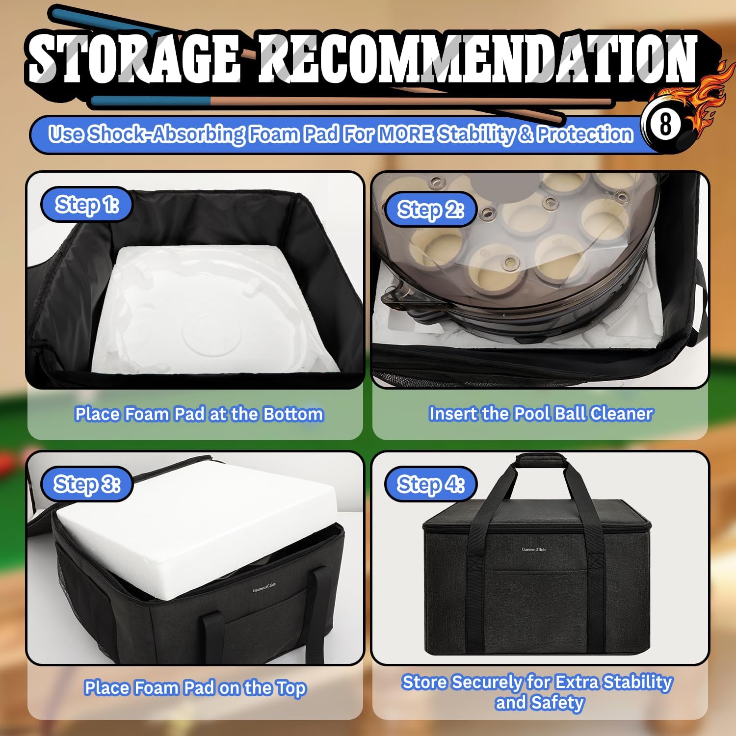 Pool Ball Cleaner Storage Bag, Compatible with Most Pool Ball Cleaner Machines, Durable Billiard Cleaner Carry Bag with Padded Lining, Organizer for Billiards Accessories, Ideal Billiards Gift for Men