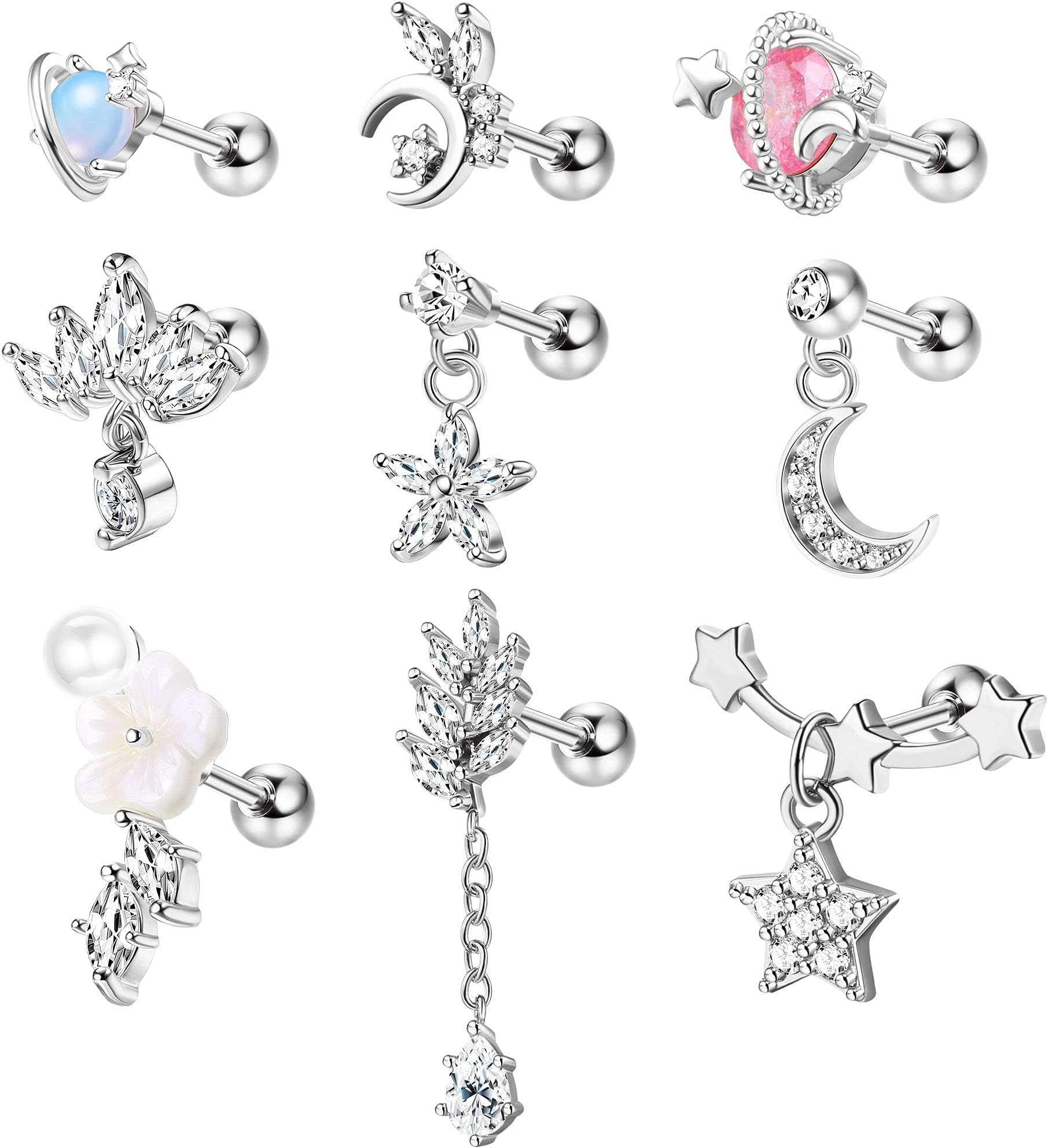 9Pcs Cartilage Earrings for Women 16G 316L Stainless Steel CZ Dangle Helix Tragus Cartilage Stud Ear Piercing Jewelry