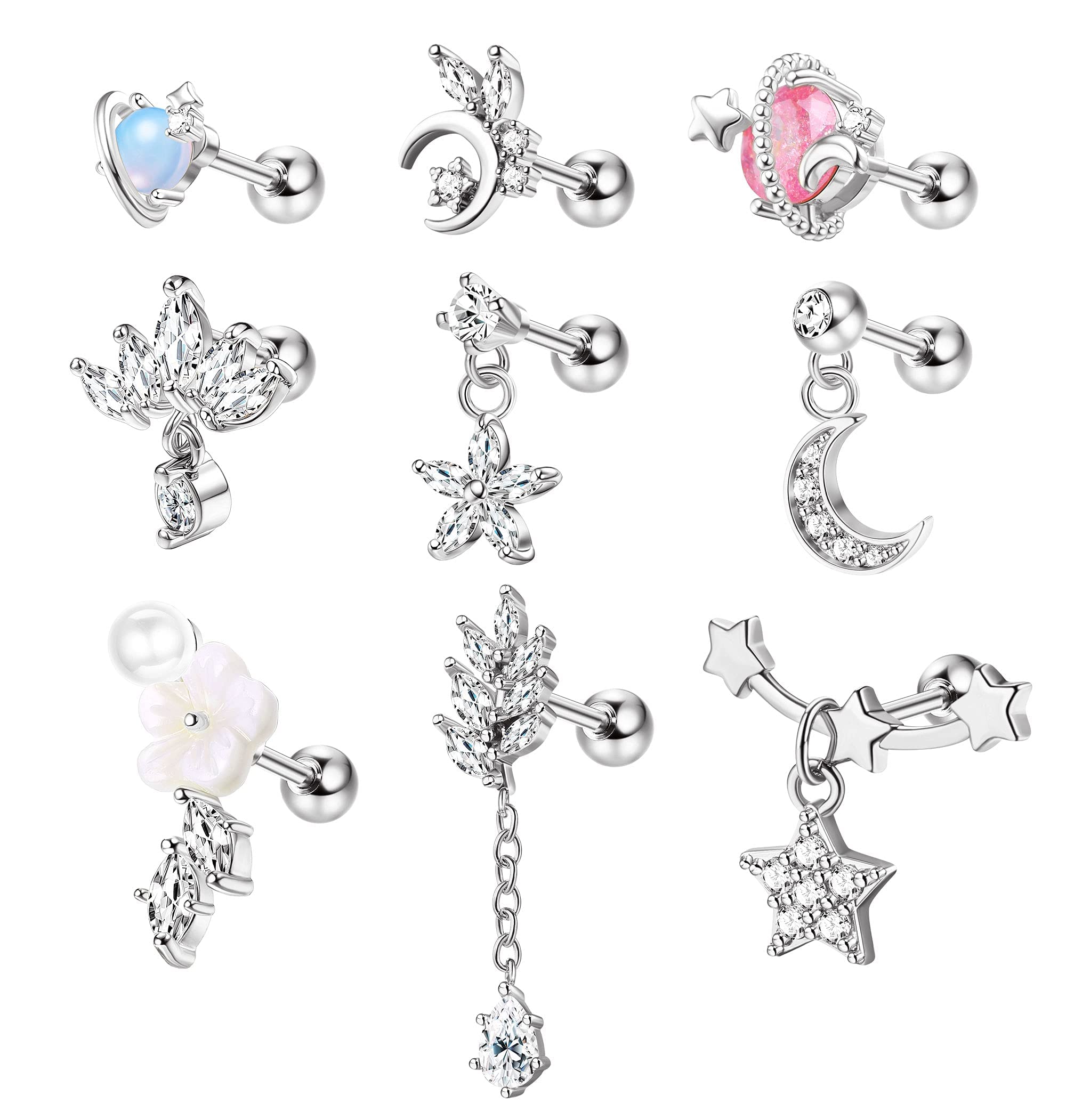 9Pcs Cartilage Earrings for Women 16G 316L Stainless Steel CZ Dangle Helix Tragus Cartilage Stud Ear Piercing Jewelry