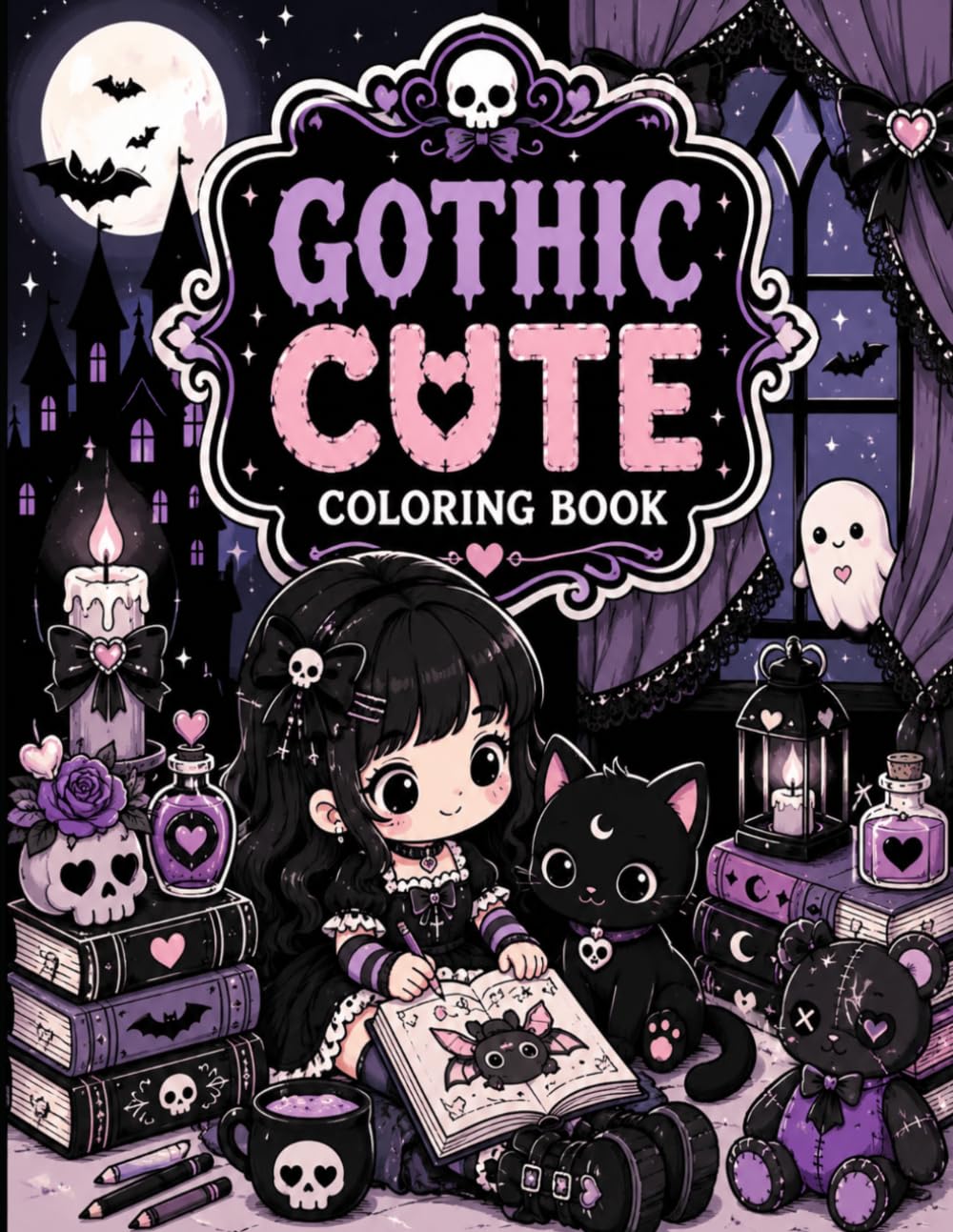 Gothic Cute Coloring Book: Adorable Spooky Coloring Pages with Cute Ghosts, Black Cats, Witches & Cozy Gothic Vibes