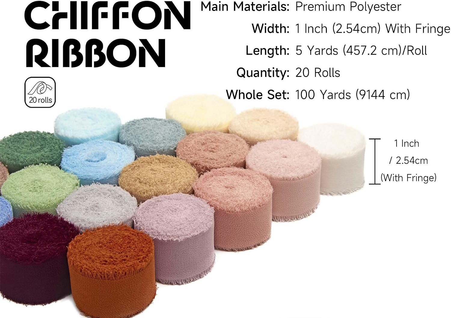 Chiffon Ribbon 1 inch x 100 Yds (20 Assorted Colors) Frayed Ribbons for Gift Wrapping Flower Bouquet Party Holiday Crafts